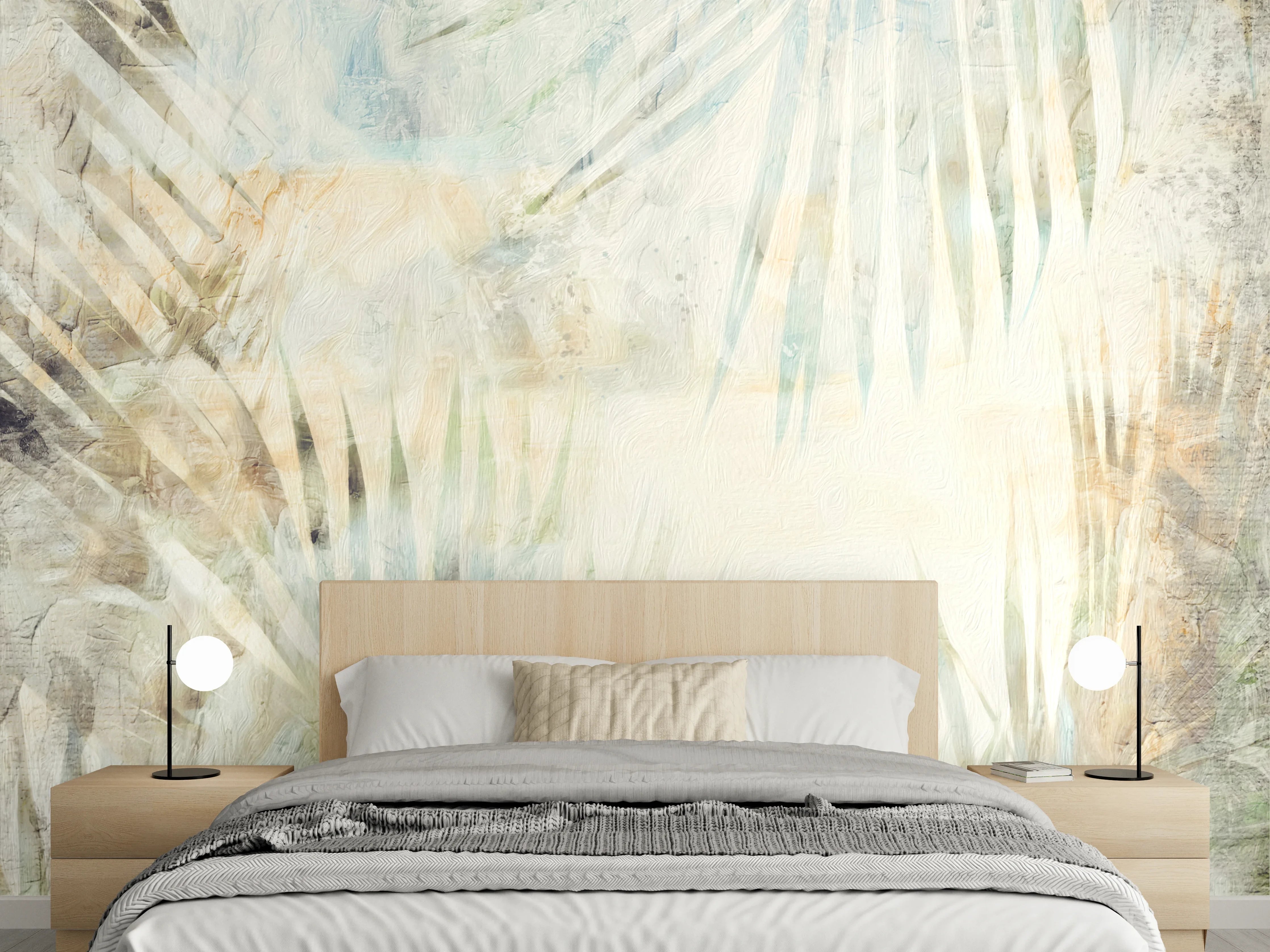 Wandverkleidung Schlafzimmer - Abstraktes Palmenblatt Aquarell Beige Weiß