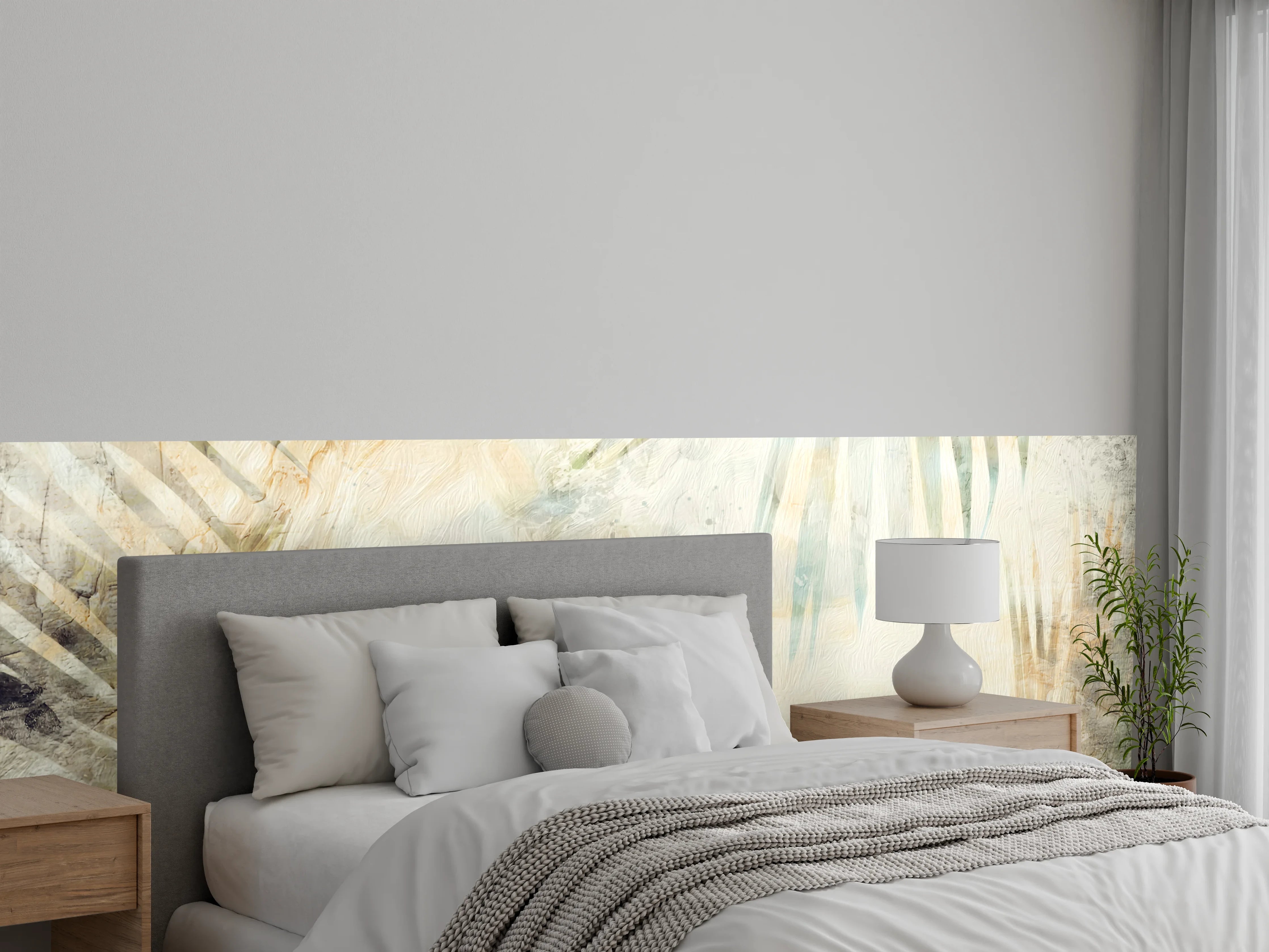 Wandverkleidung Schlafzimmer - Abstraktes Palmenblatt Aquarell Beige Weiß