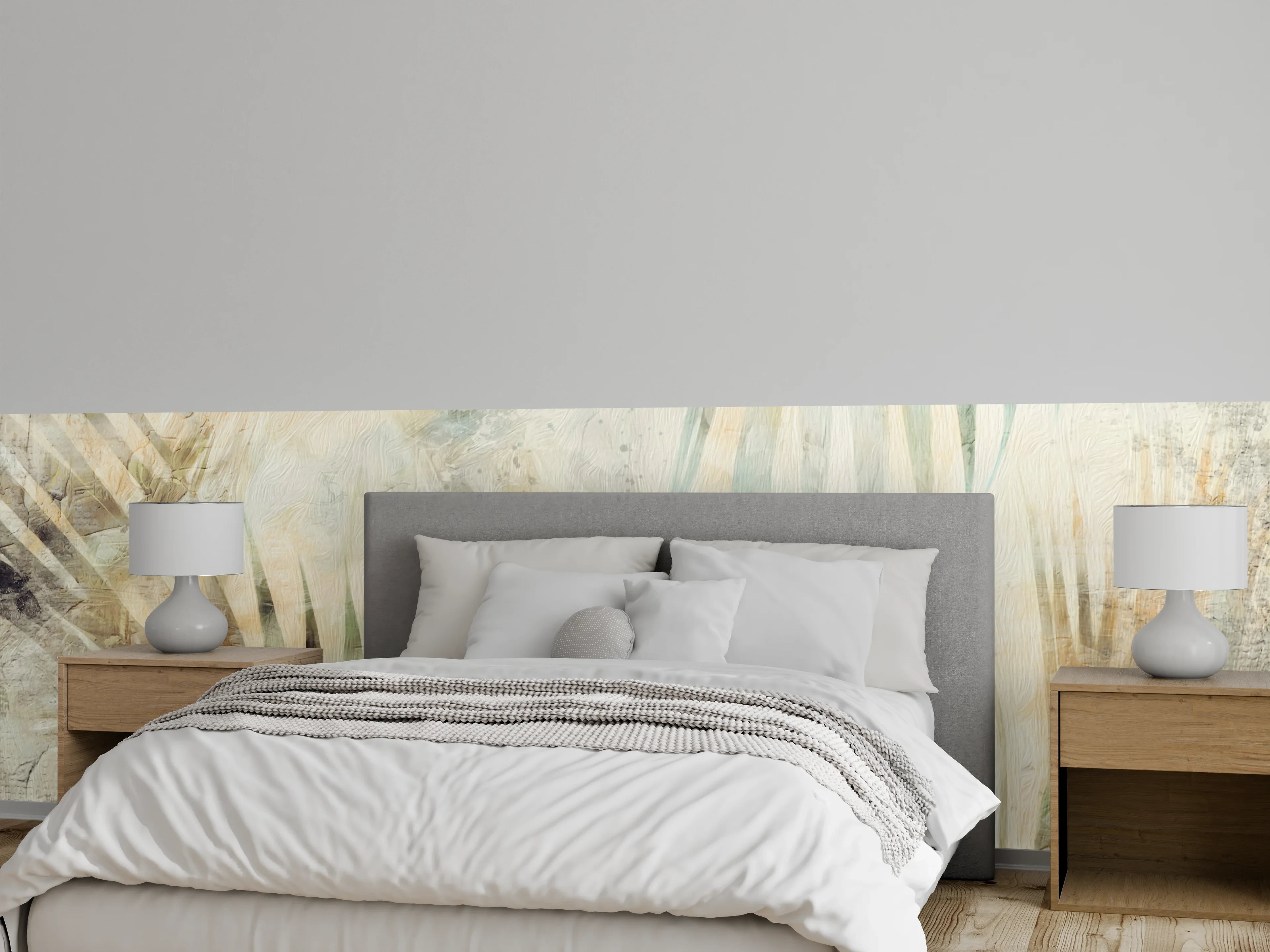 Wandverkleidung Schlafzimmer - Abstraktes Palmenblatt Aquarell Beige Weiß