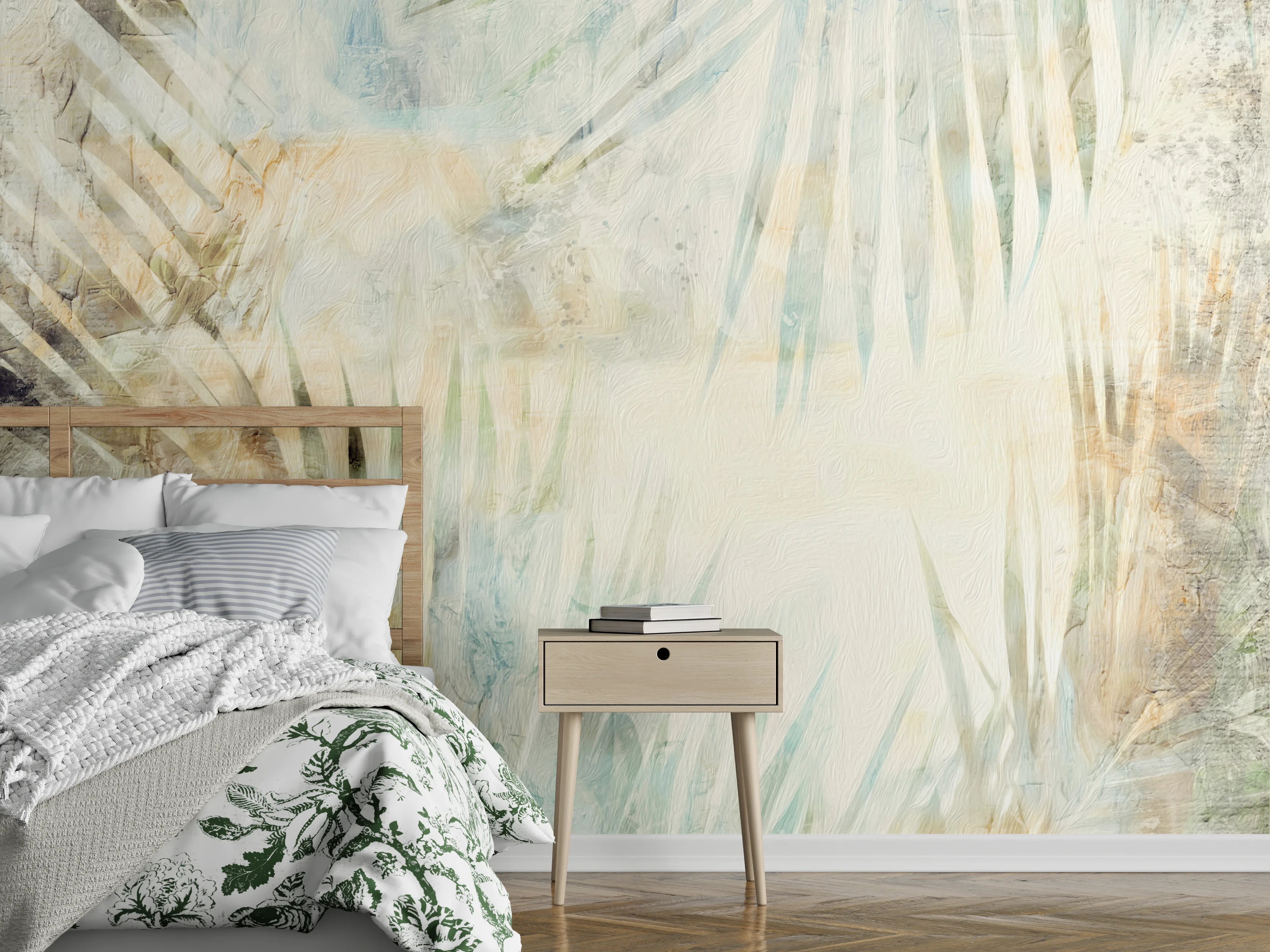 Wandverkleidung Schlafzimmer - Abstraktes Palmenblatt Aquarell Beige Weiß