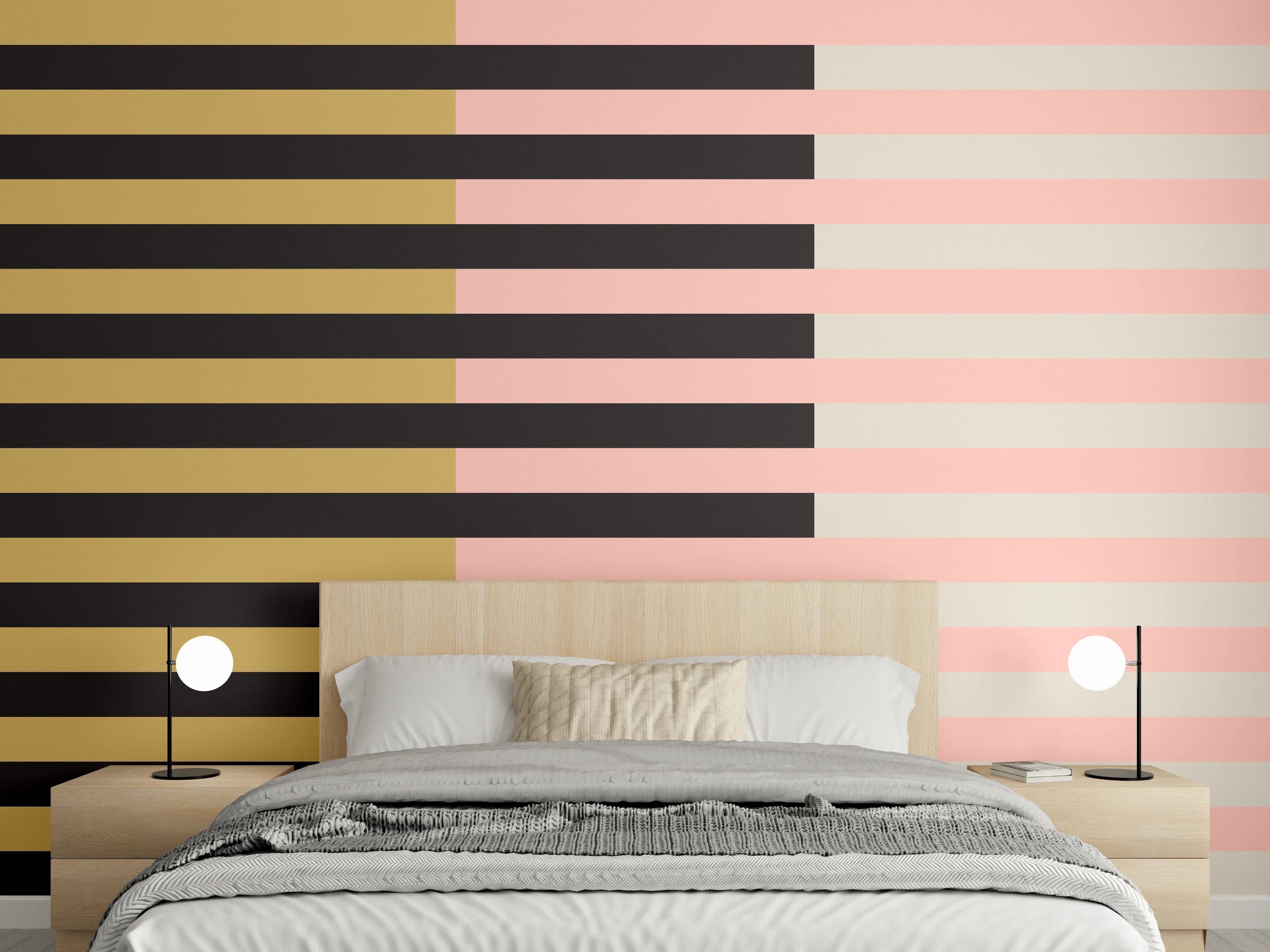 Wandverkleidung Schlafzimmer - Abstraktes Retro-Streifenmuster Pastell & Gold