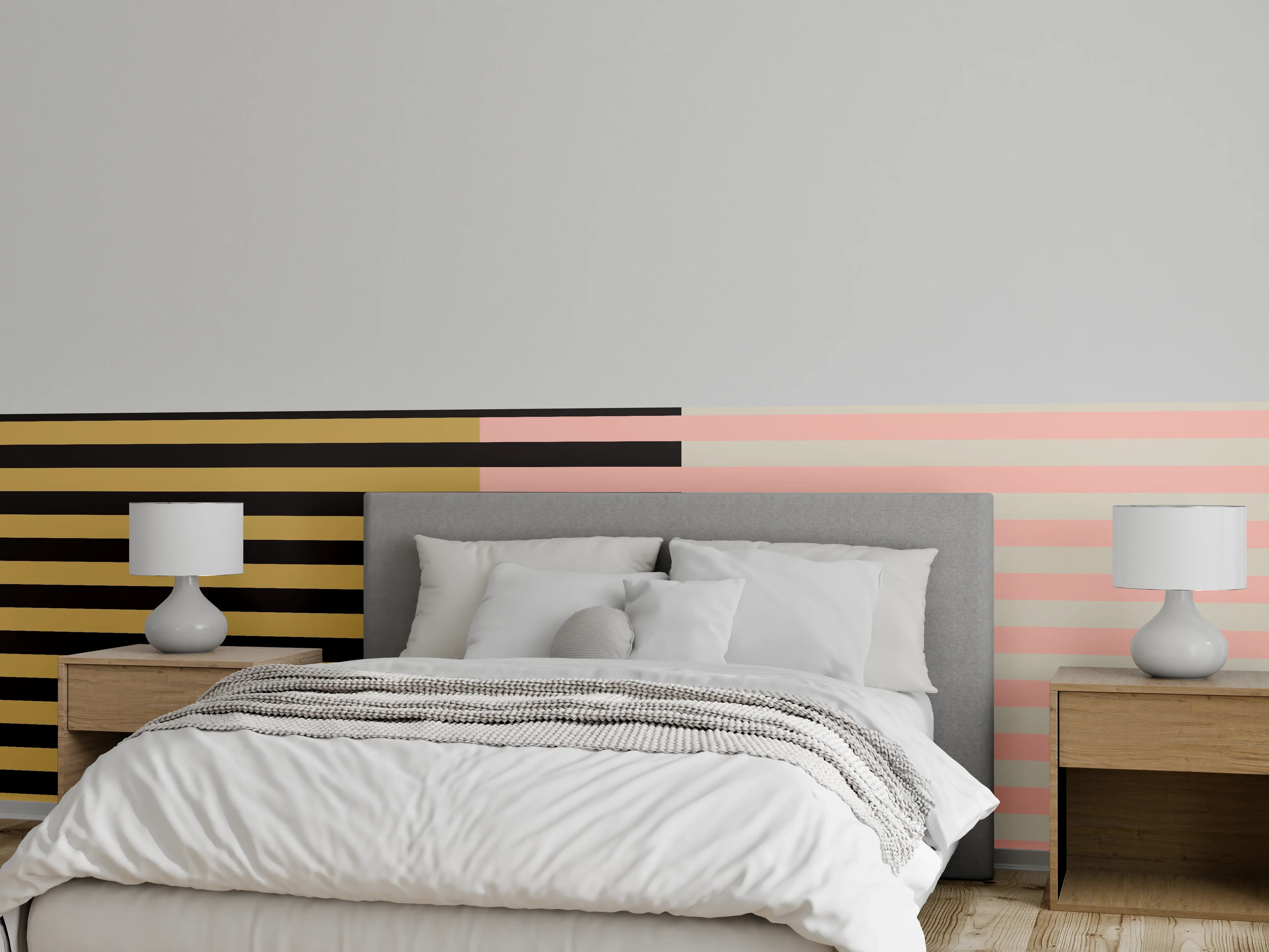 Wandverkleidung Schlafzimmer - Abstraktes Retro-Streifenmuster Pastell & Gold