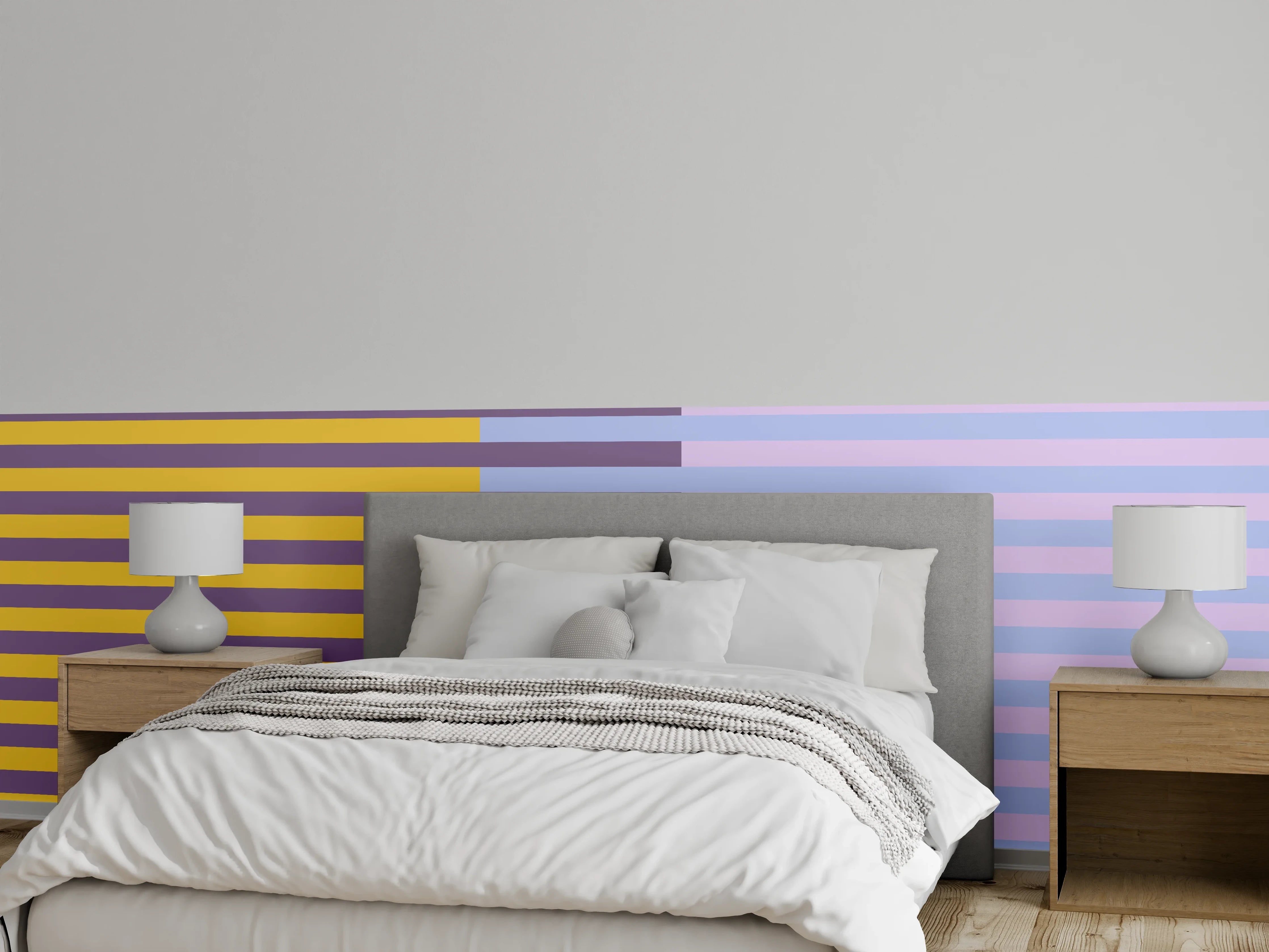 Wandverkleidung Schlafzimmer - Abstraktes Streifenmuster Gelb Lila Blau