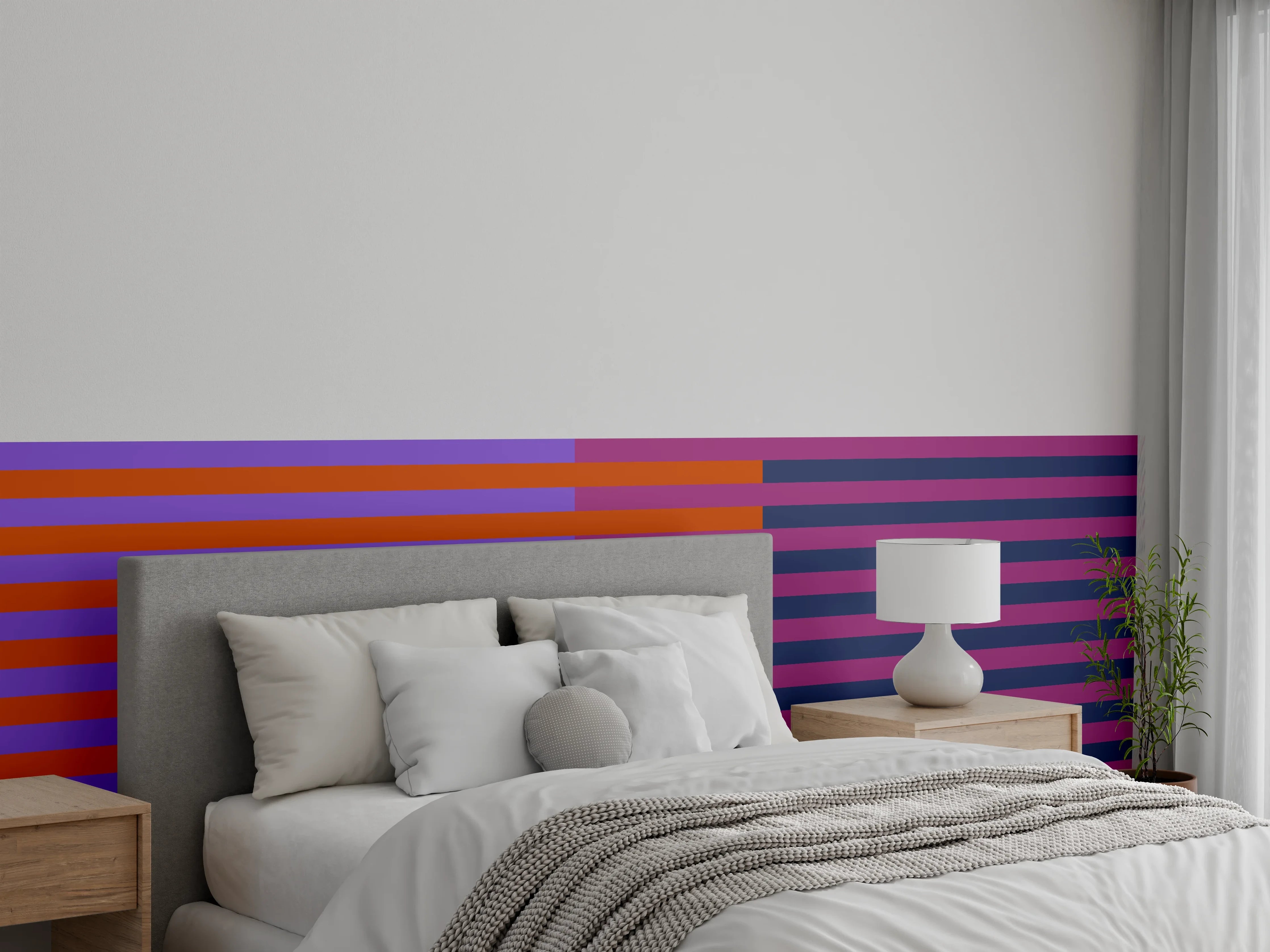 Wandverkleidung Schlafzimmer - Abstraktes Streifenmuster in Blau-Rot-Lila