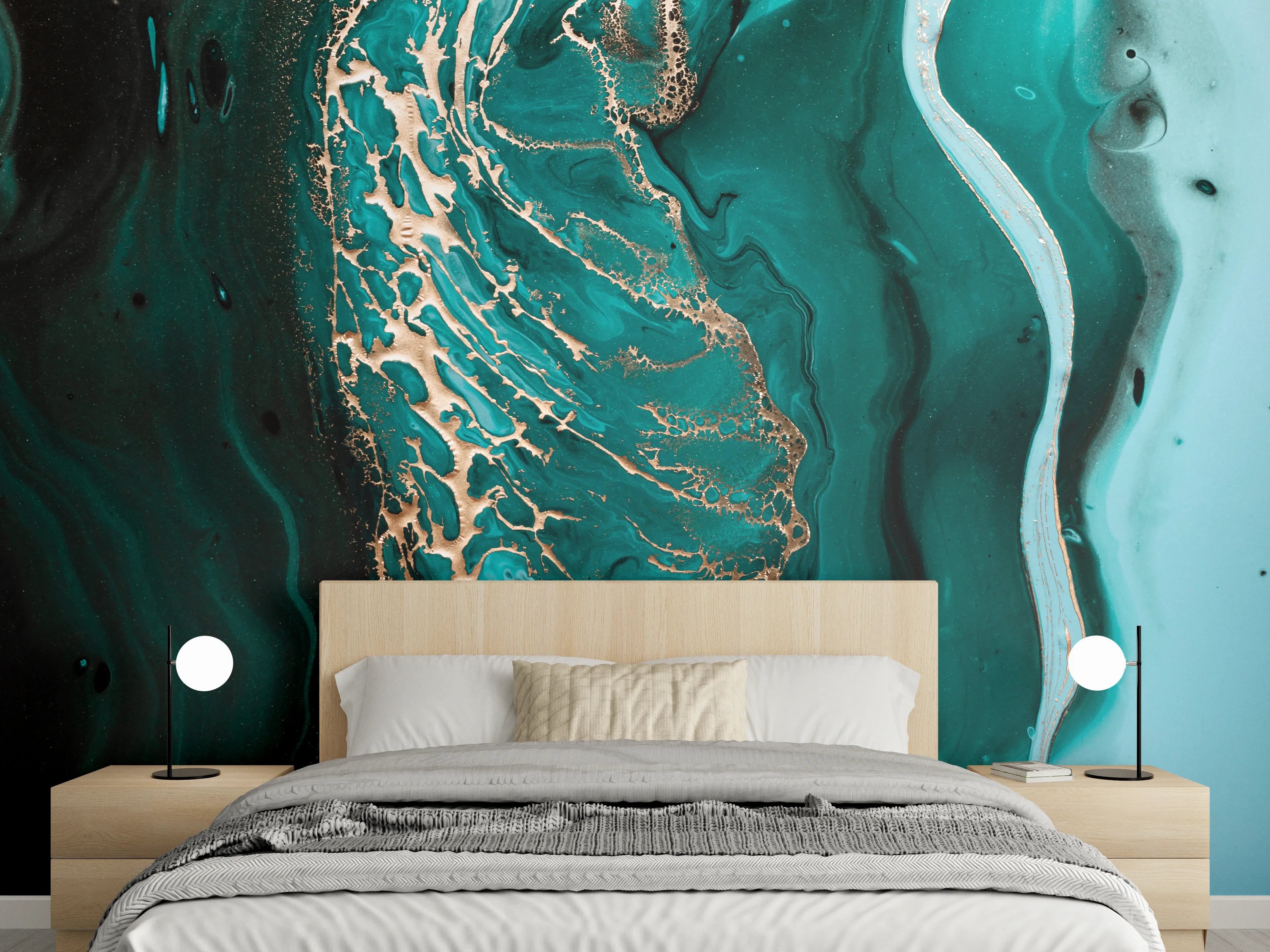 Wandverkleidung Schlafzimmer - Abstraktes Türkis-Gold Wandbild