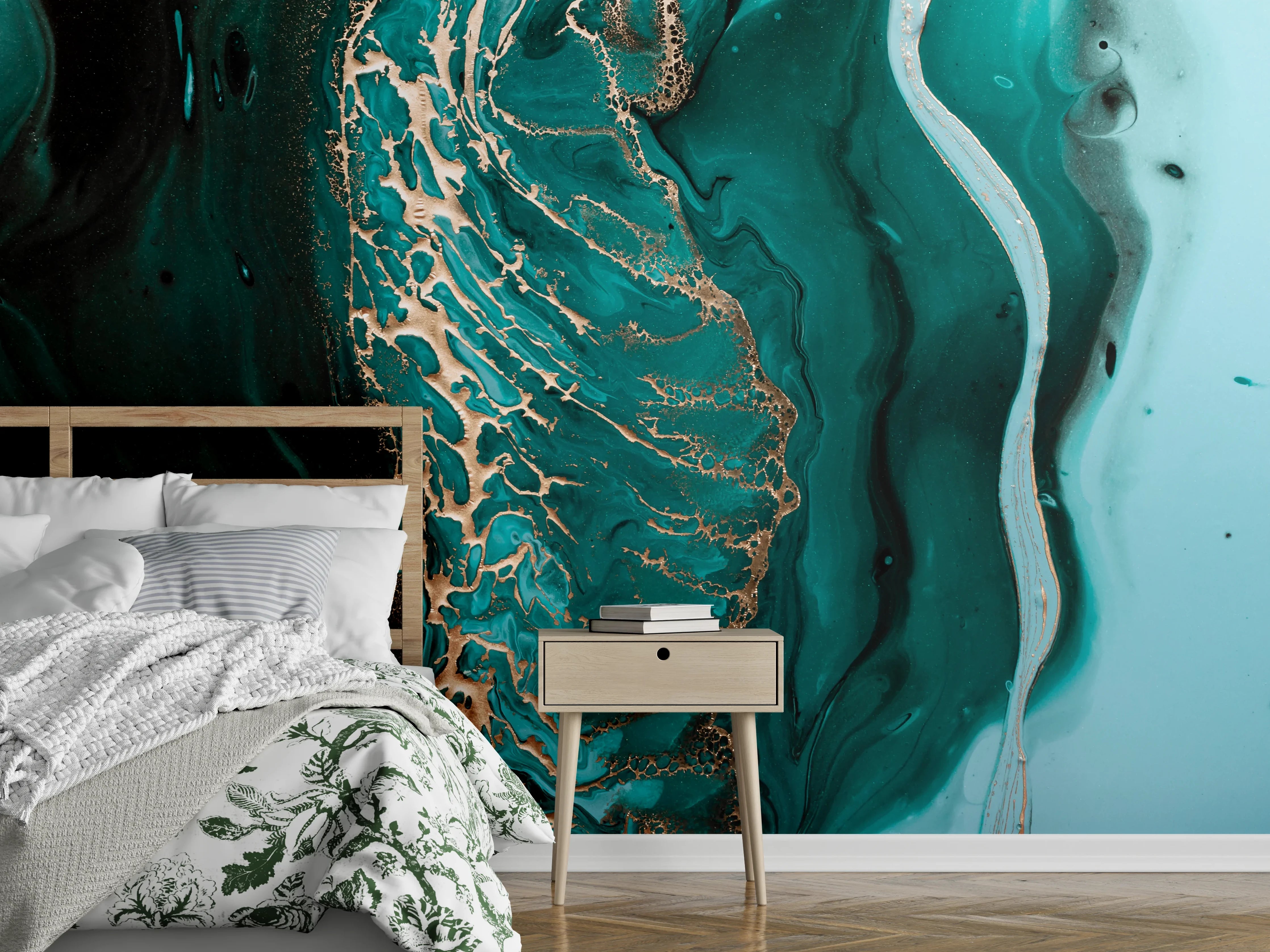 Wandverkleidung Schlafzimmer - Abstraktes Türkis-Gold Wandbild
