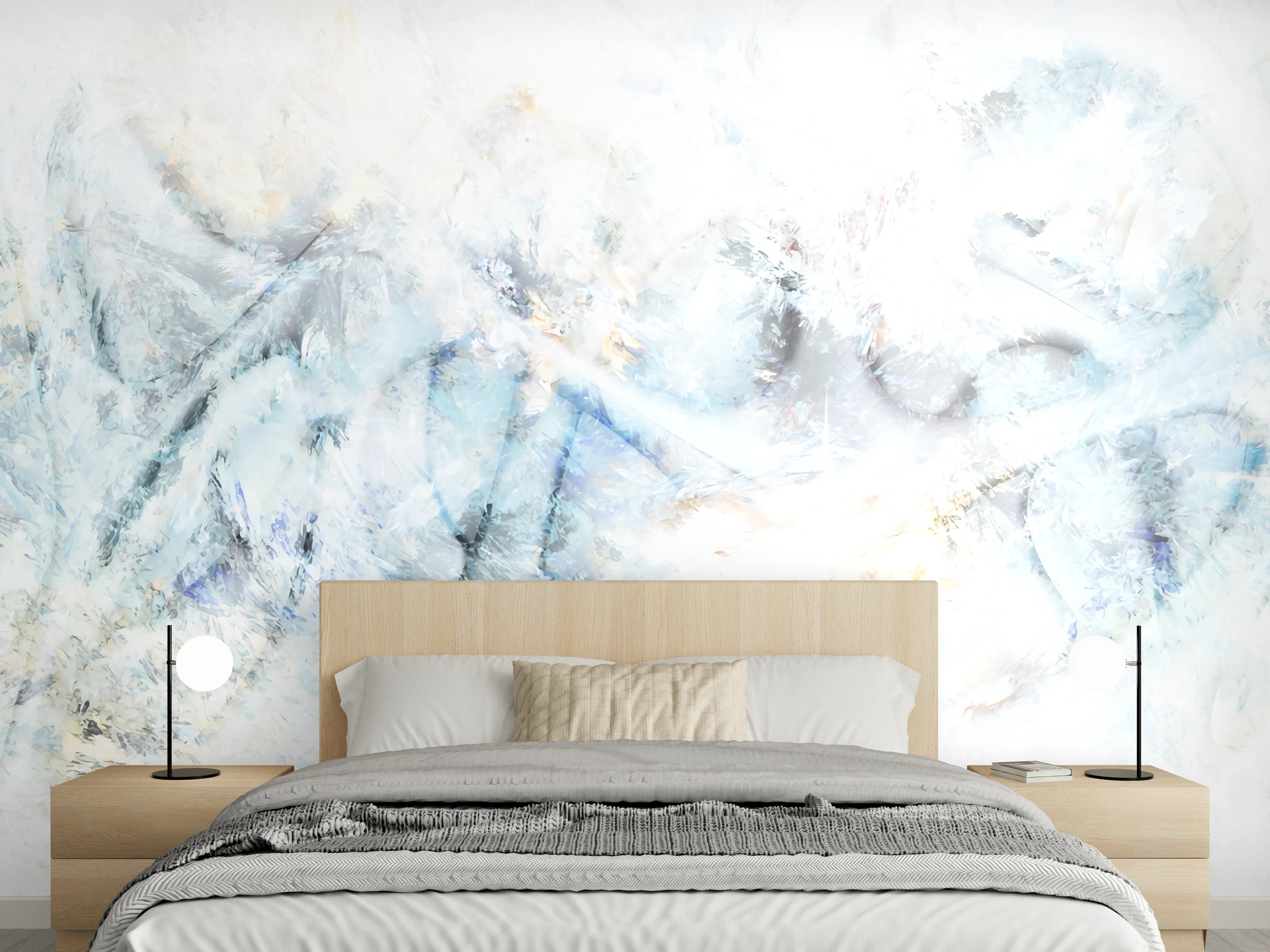 Wandverkleidung Schlafzimmer - Abstraktes Weiß Grau Blau Wandbild