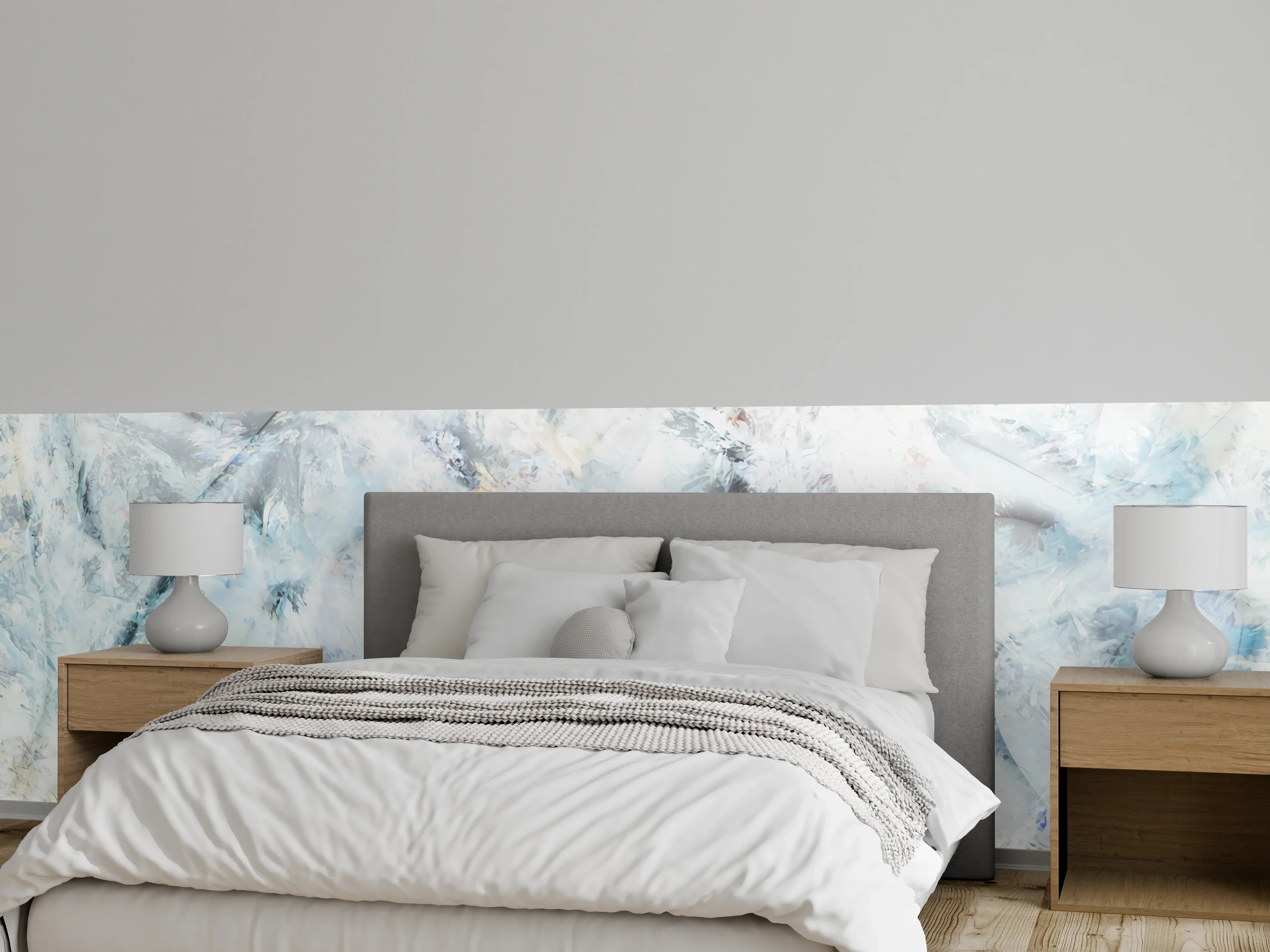 Wandverkleidung Schlafzimmer - Abstraktes Weiß Grau Blau Wandbild