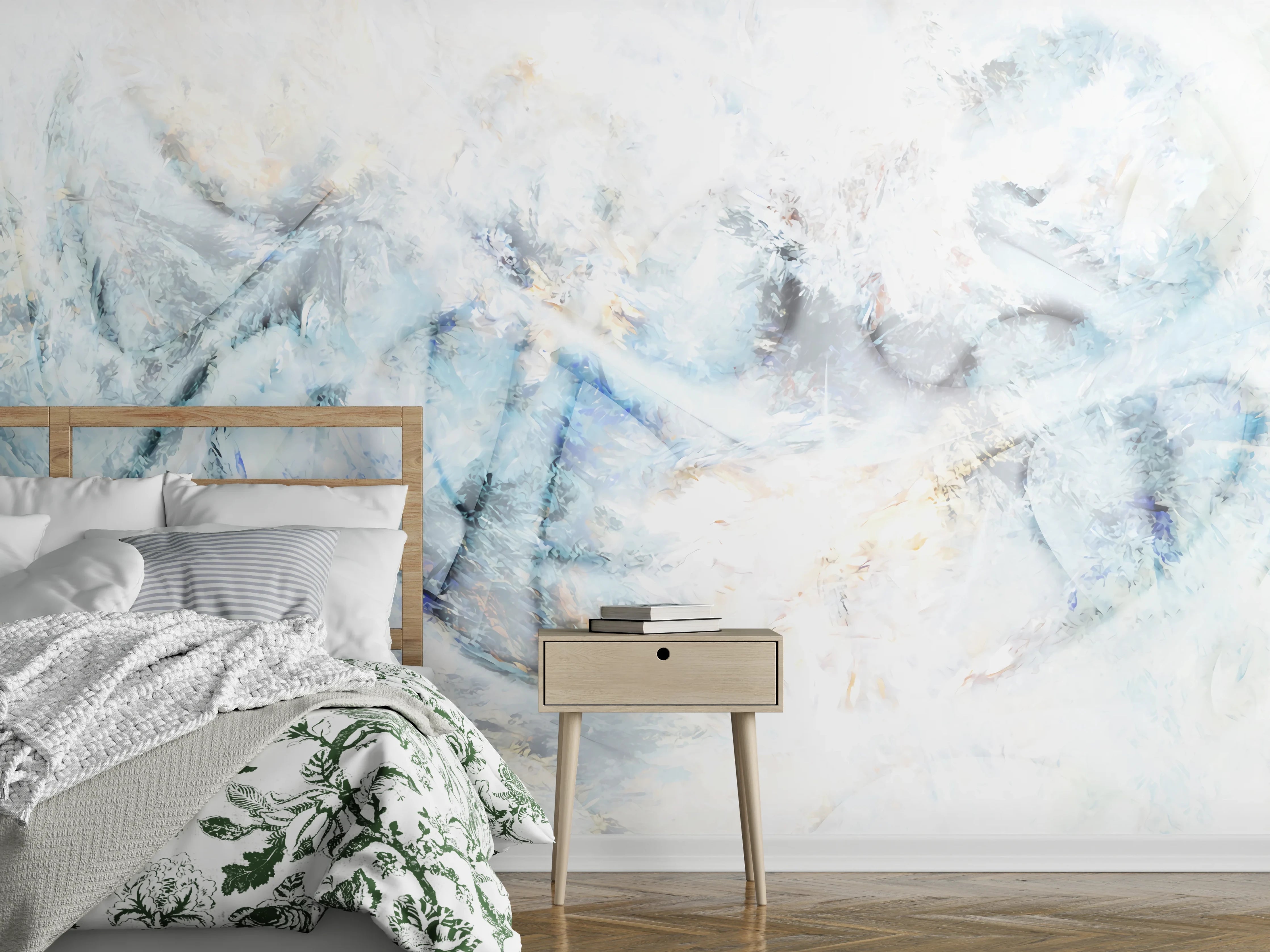 Wandverkleidung Schlafzimmer - Abstraktes Weiß Grau Blau Wandbild