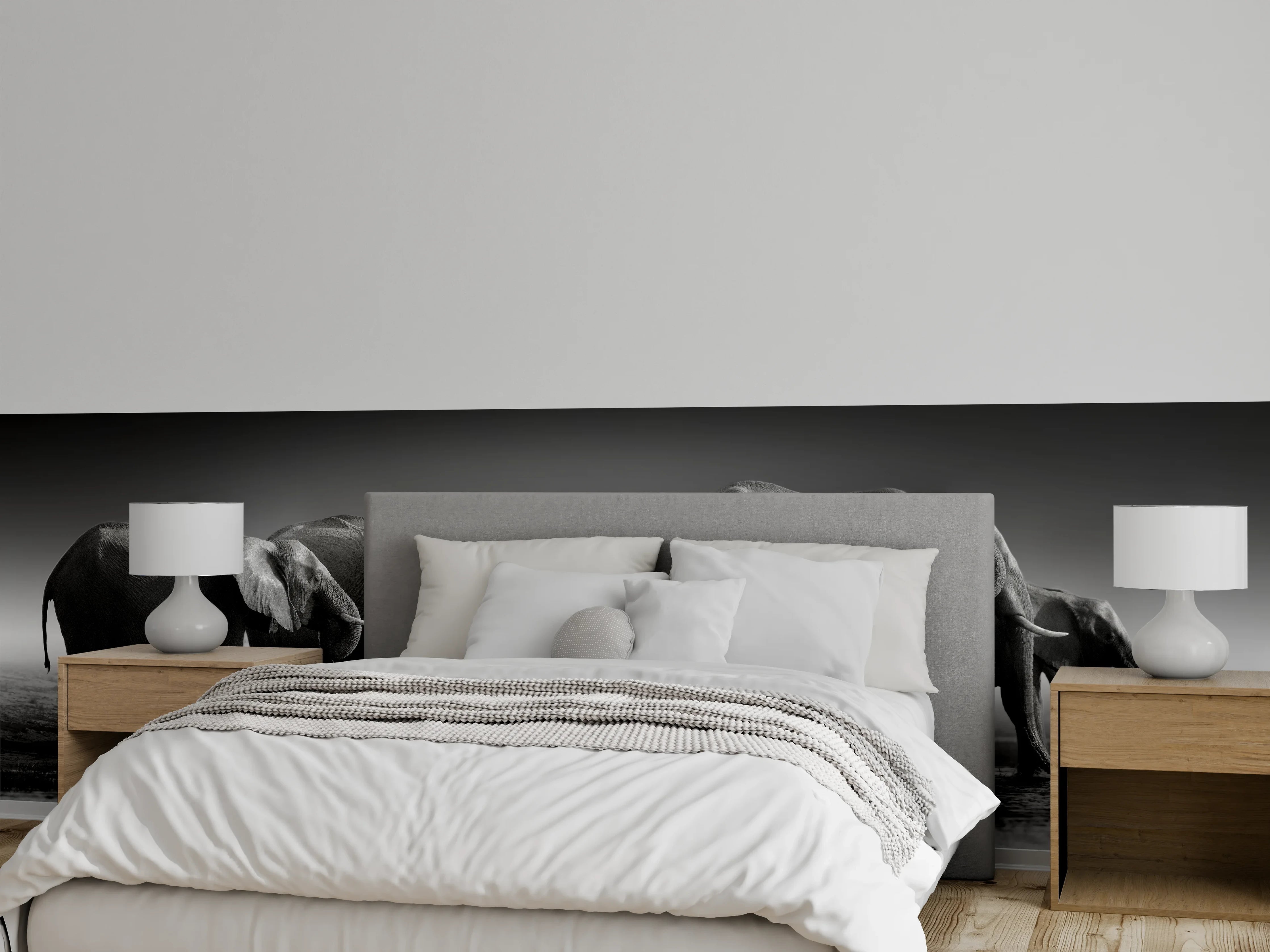 Wandverkleidung Schlafzimmer - Afrikanische Elefantenherde (Schwarz-Weiß)