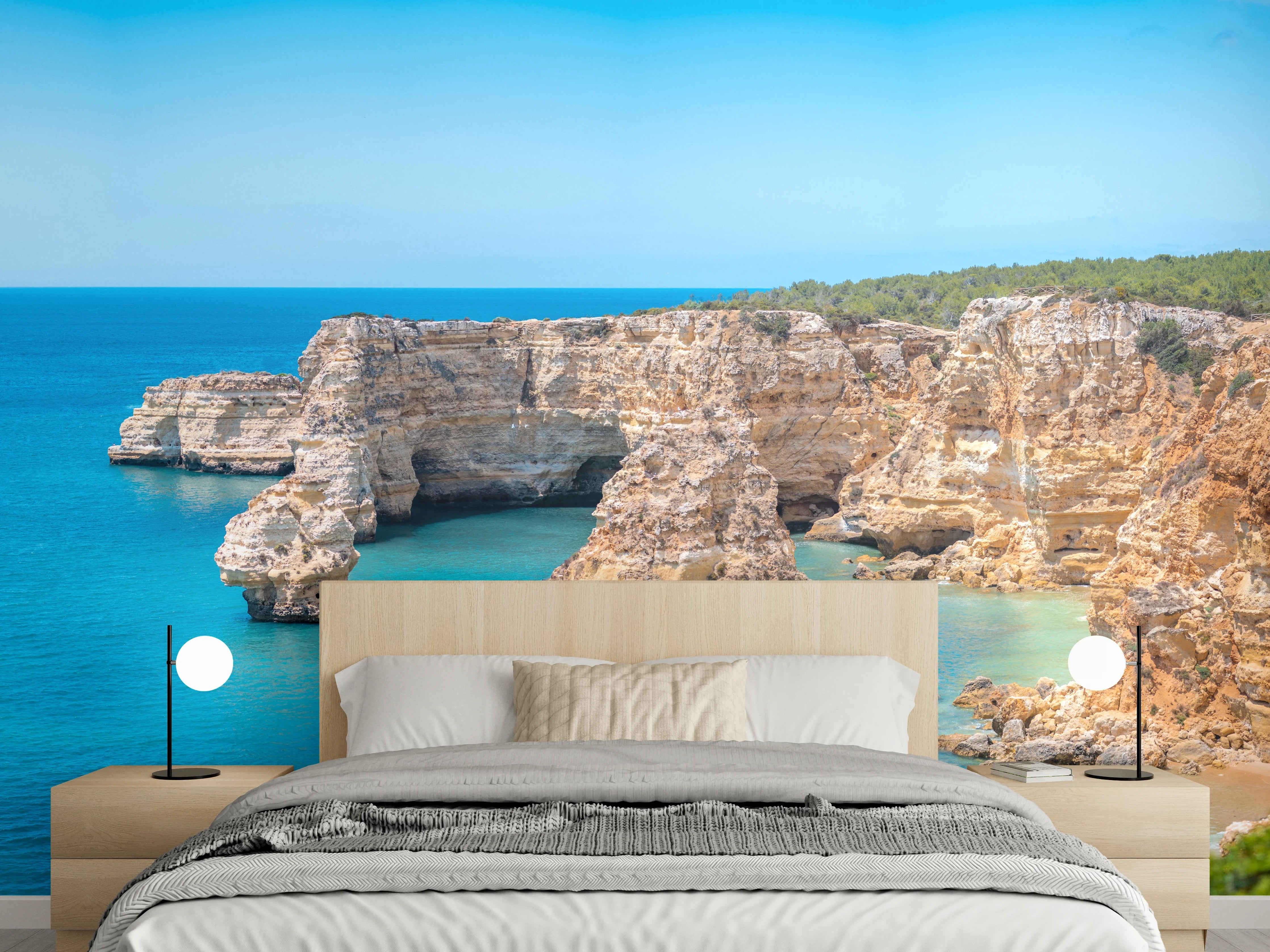 Wandverkleidung Schlafzimmer - Algarve-Klippen am türkisblauen Meer