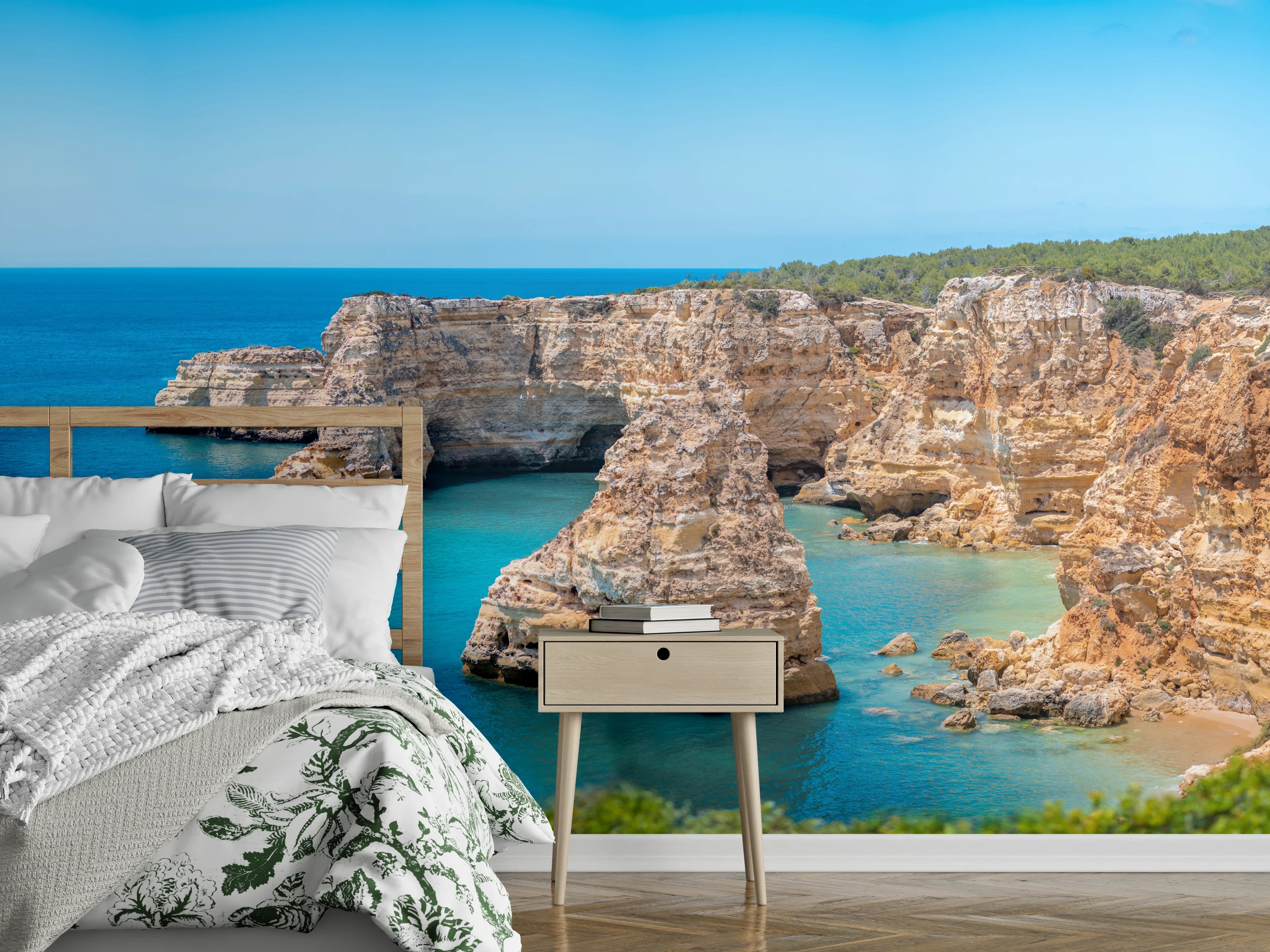 Wandverkleidung Schlafzimmer - Algarve-Klippen am türkisblauen Meer