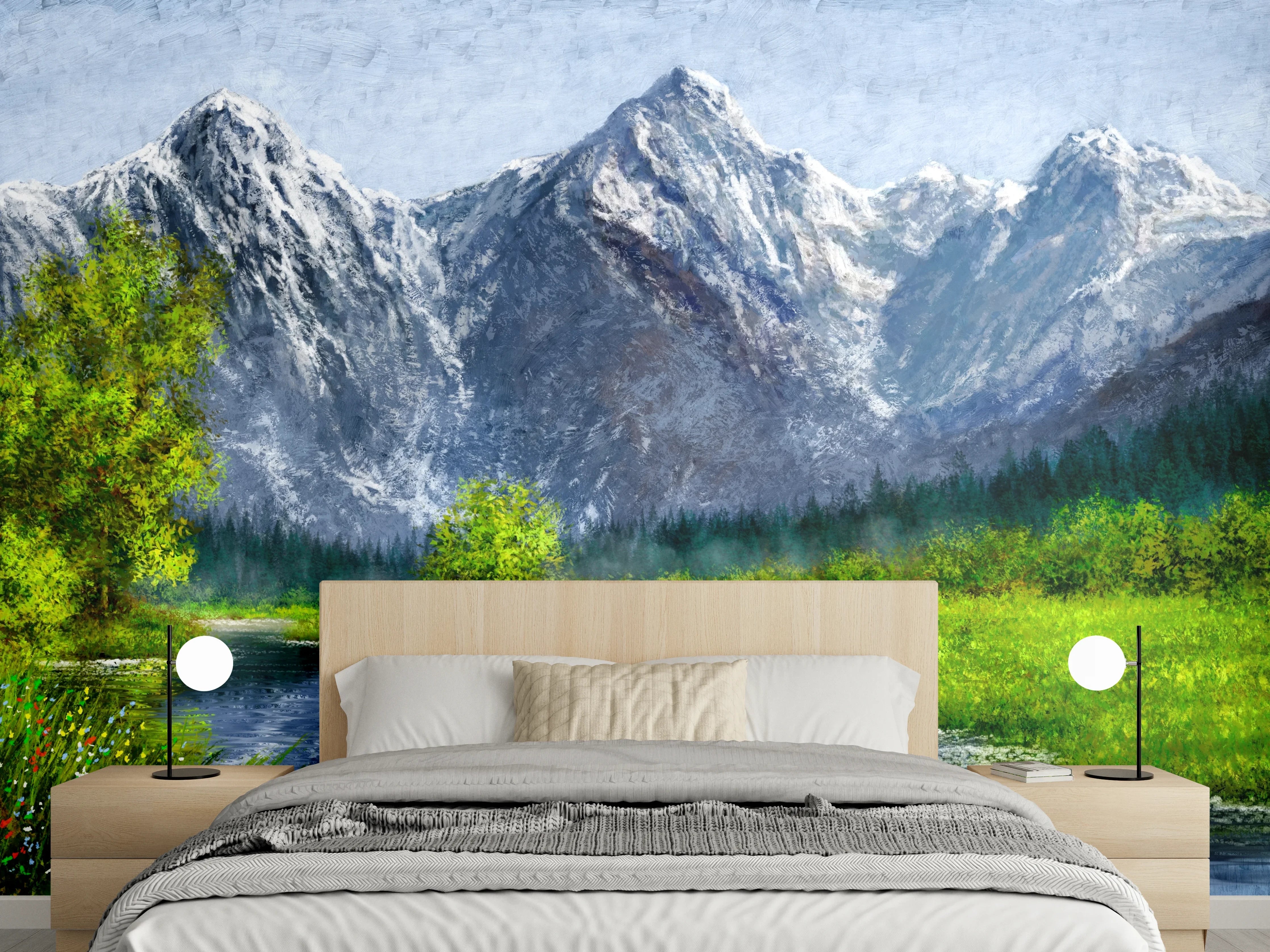 Wandverkleidung Schlafzimmer - Alpen Landschaft Fluss Panorama Gemälde