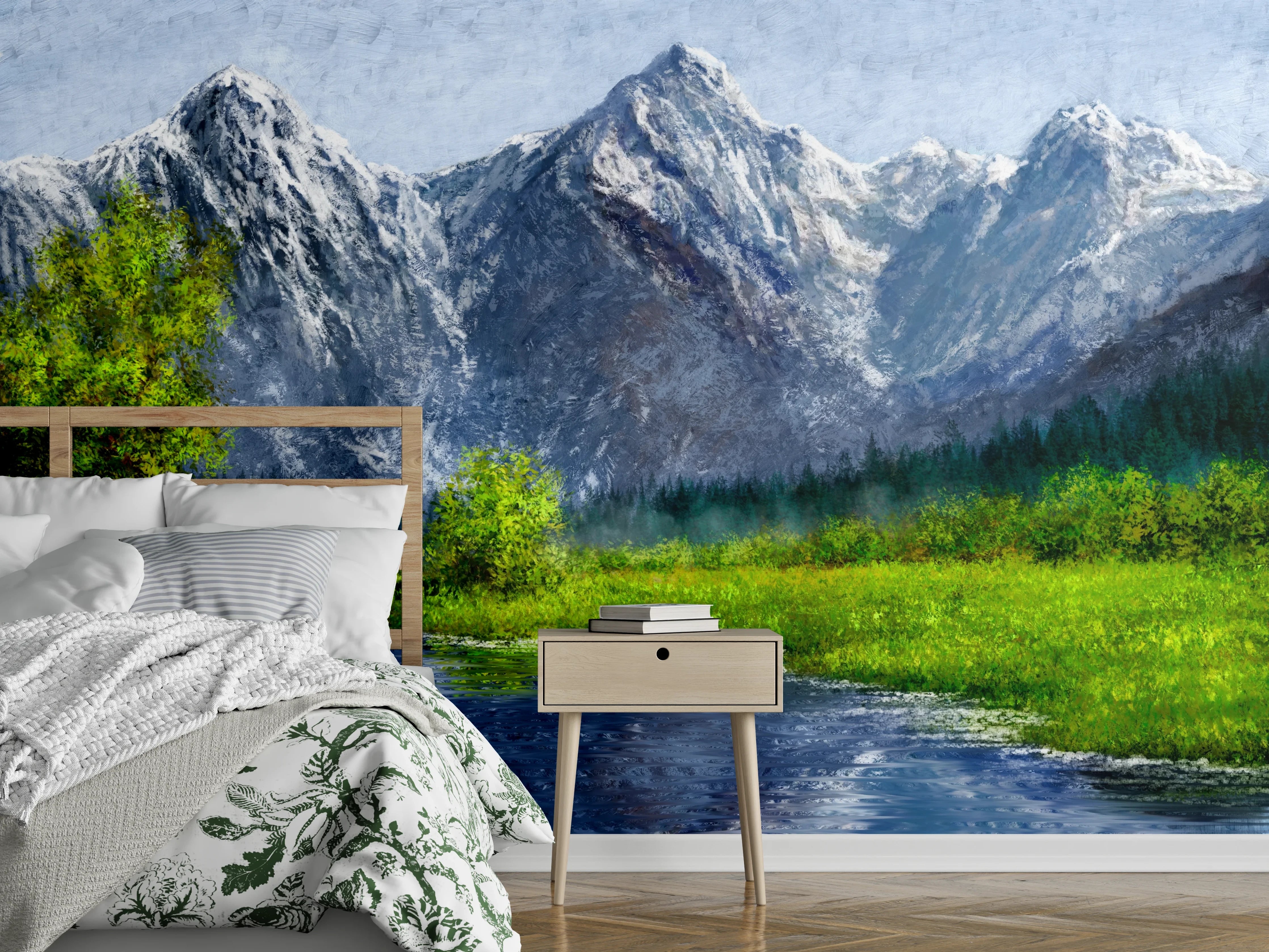 Wandverkleidung Schlafzimmer - Alpen Landschaft Fluss Panorama Gemälde