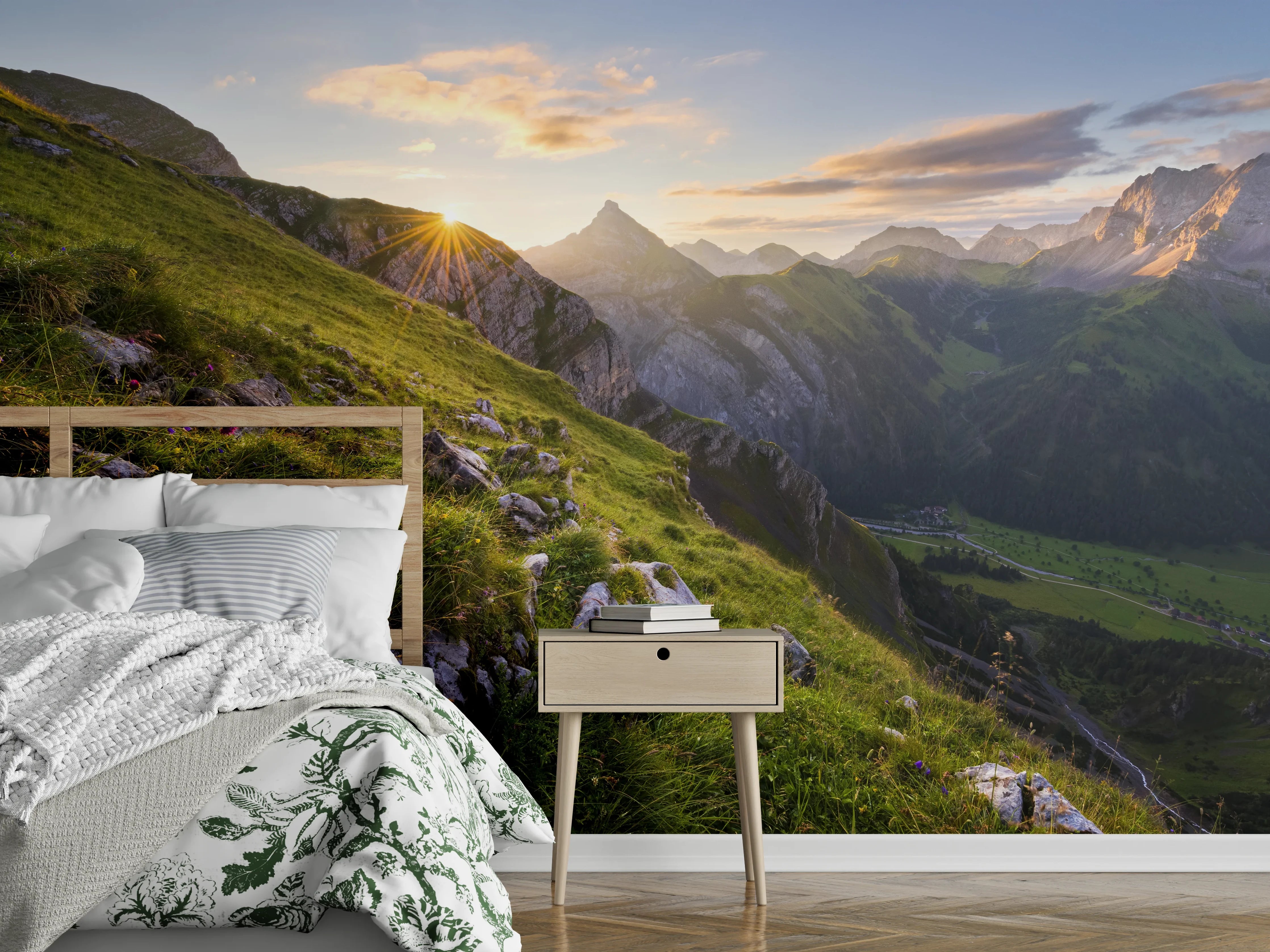 Wandverkleidung Schlafzimmer - Alpen Sonnenaufgang Landschaft Fototapete