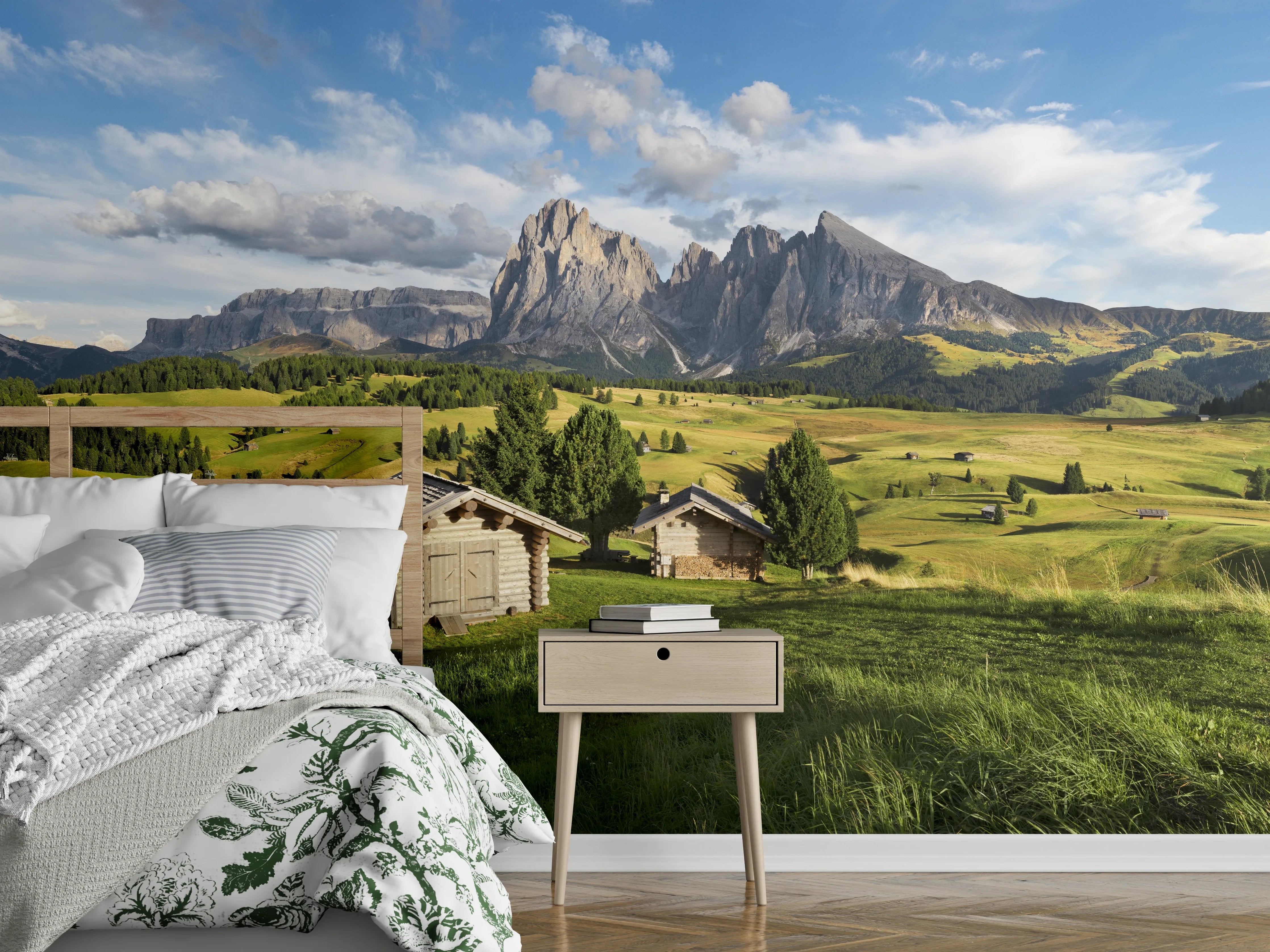 Wandverkleidung Schlafzimmer - Alpenlandschaft Panorama mit Hütten
