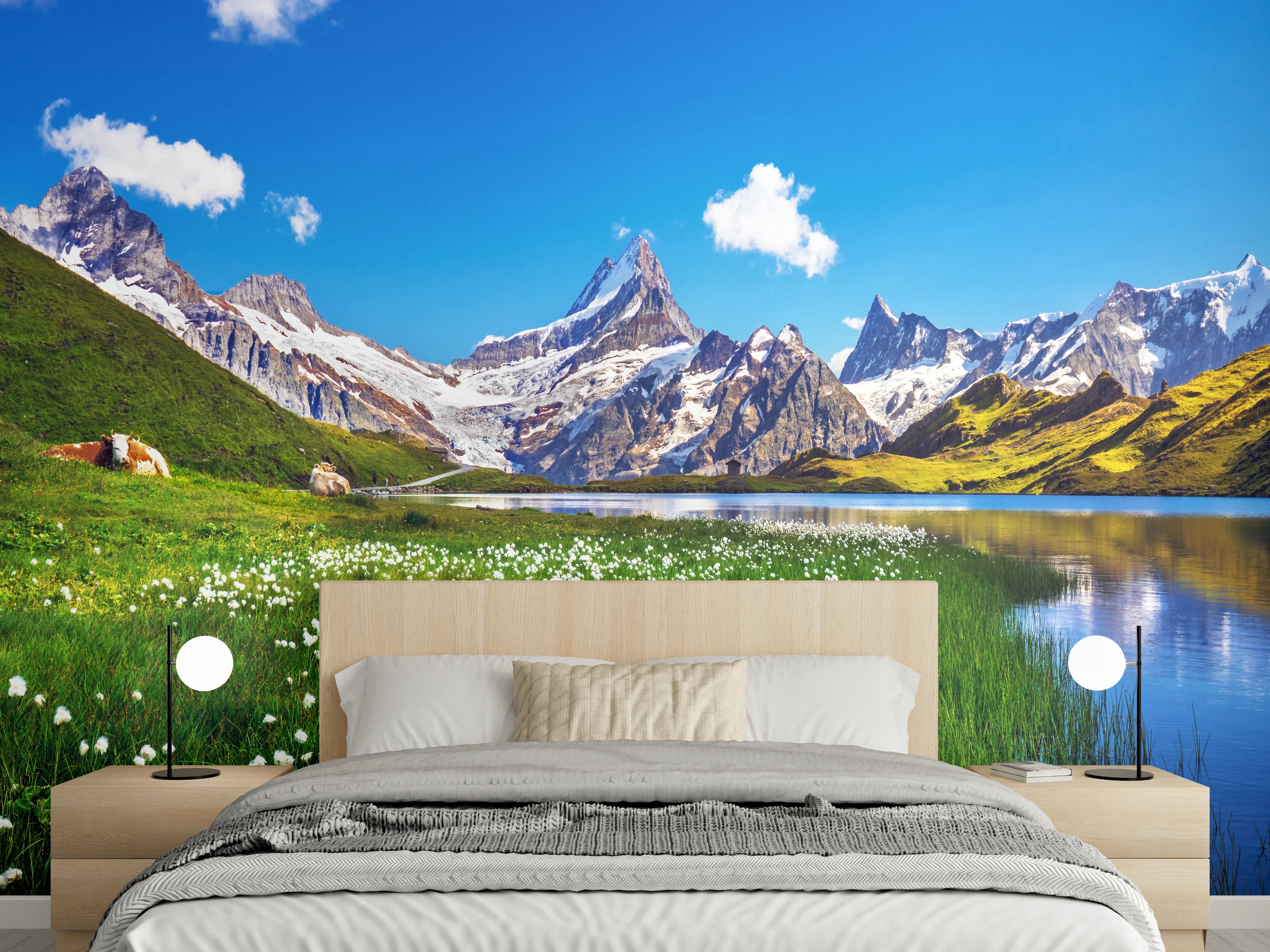 Wandverkleidung Schlafzimmer - Alpenlandschaft am See Panorama