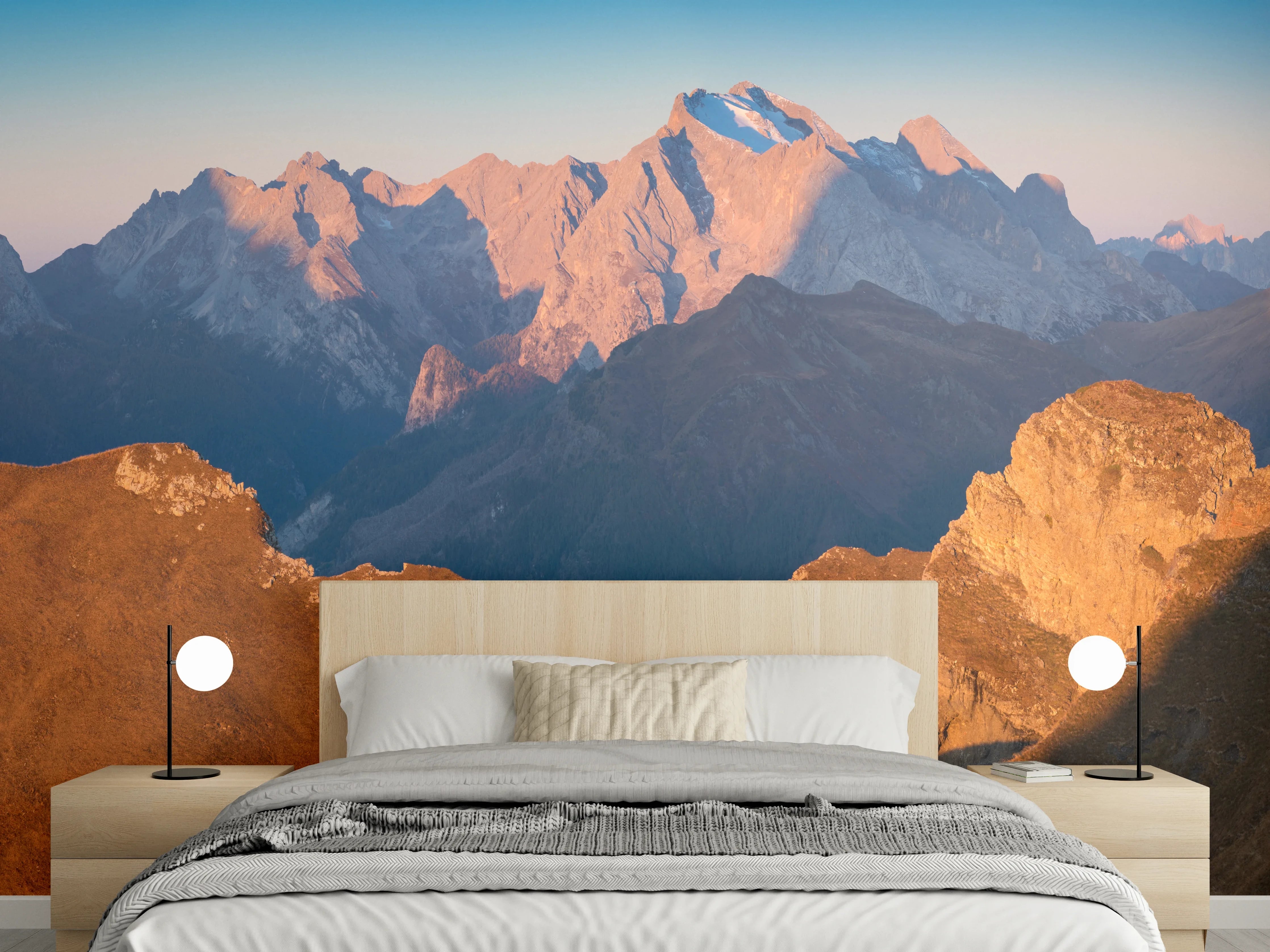 Wandverkleidung Schlafzimmer - Alpenpanorama Berge Sonnenaufgang Natur