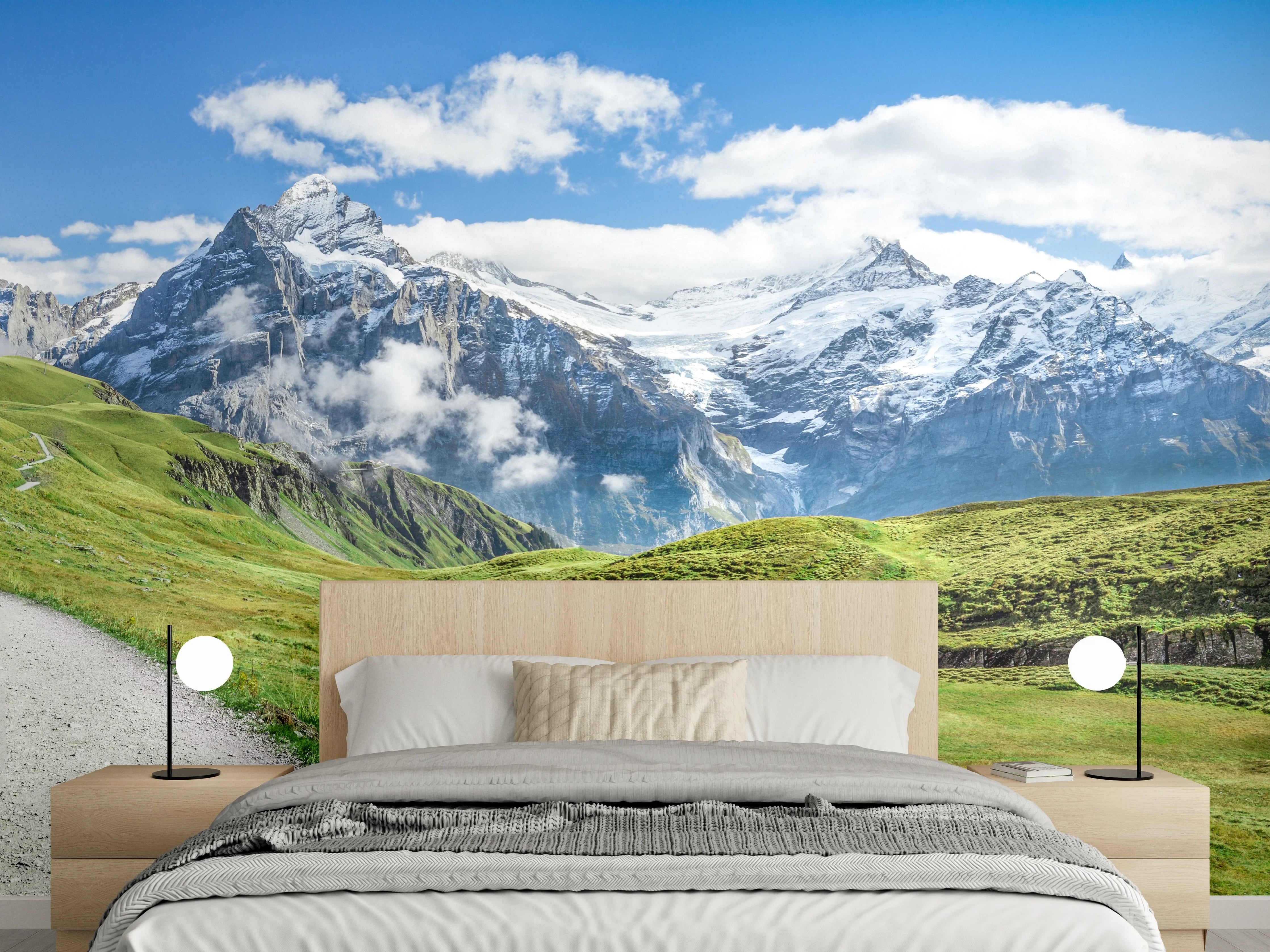 Wandverkleidung Schlafzimmer - Alpenpanorama mit Wiesenpfad