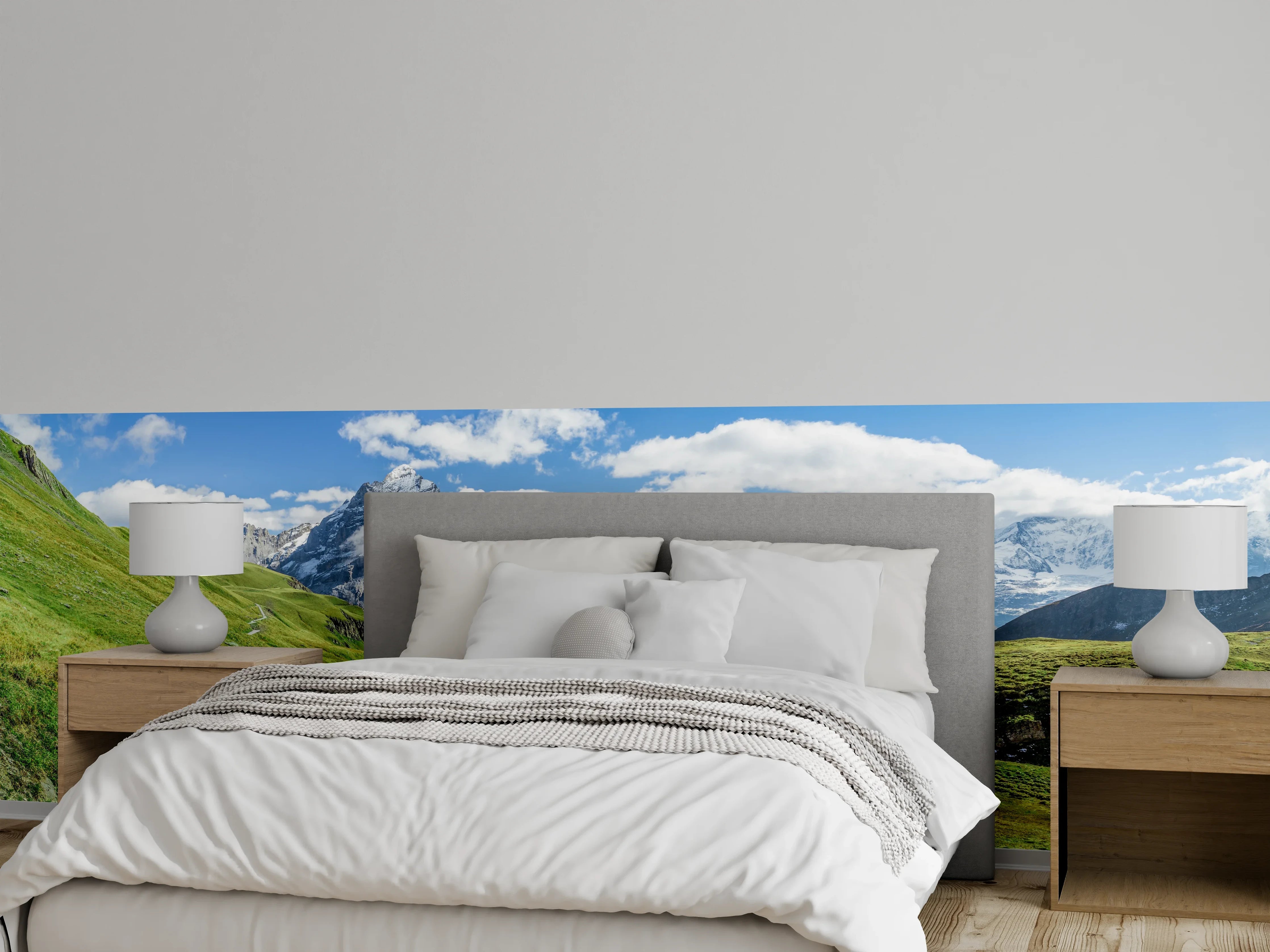 Wandverkleidung Schlafzimmer - Alpenpanorama mit Wiesenpfad