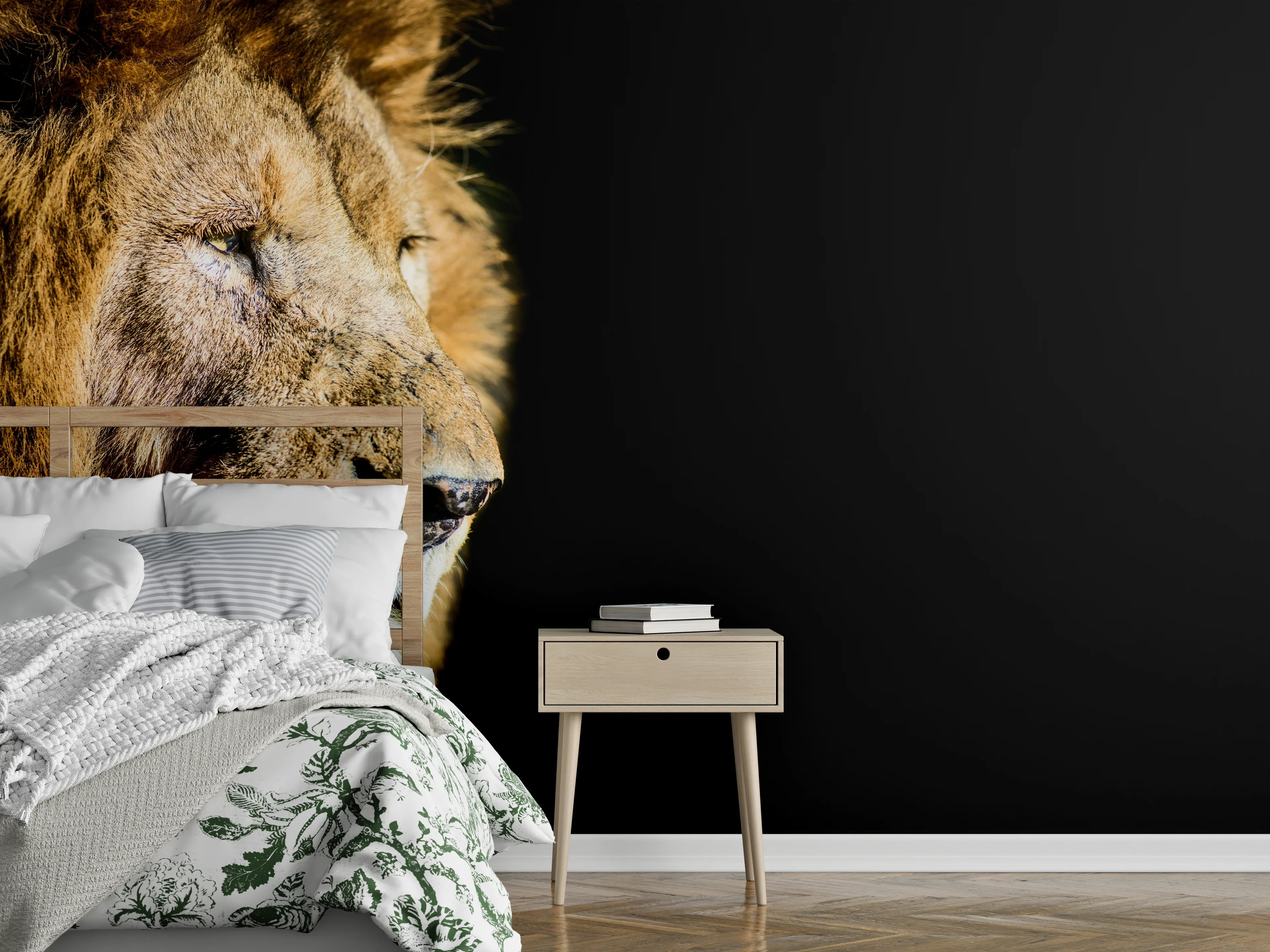 Wandverkleidung Schlafzimmer - Alter Löwe auf schwarzem Hintergrund
