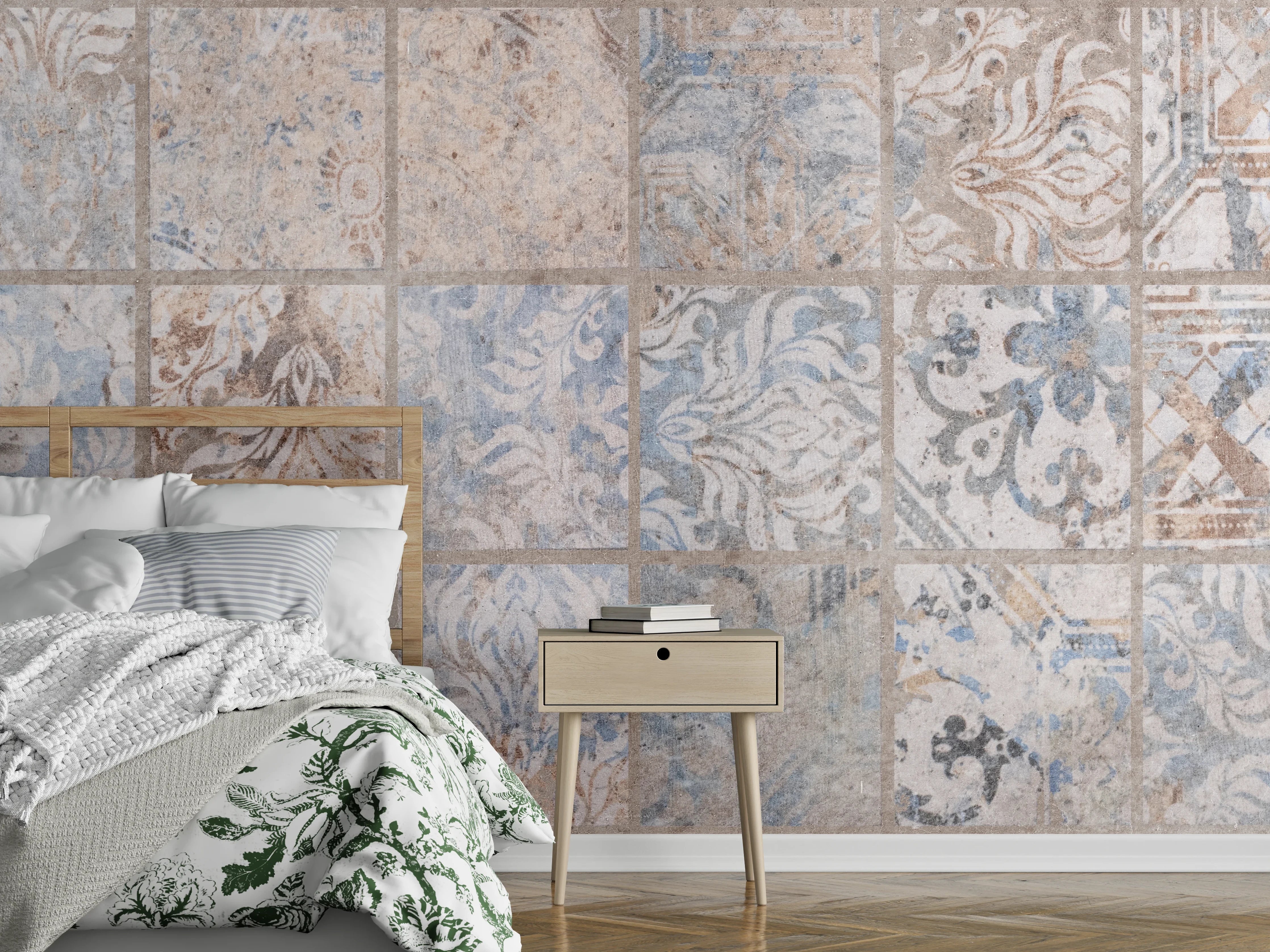 Wandverkleidung Schlafzimmer - Altes blau-braun Patchwork Motiv