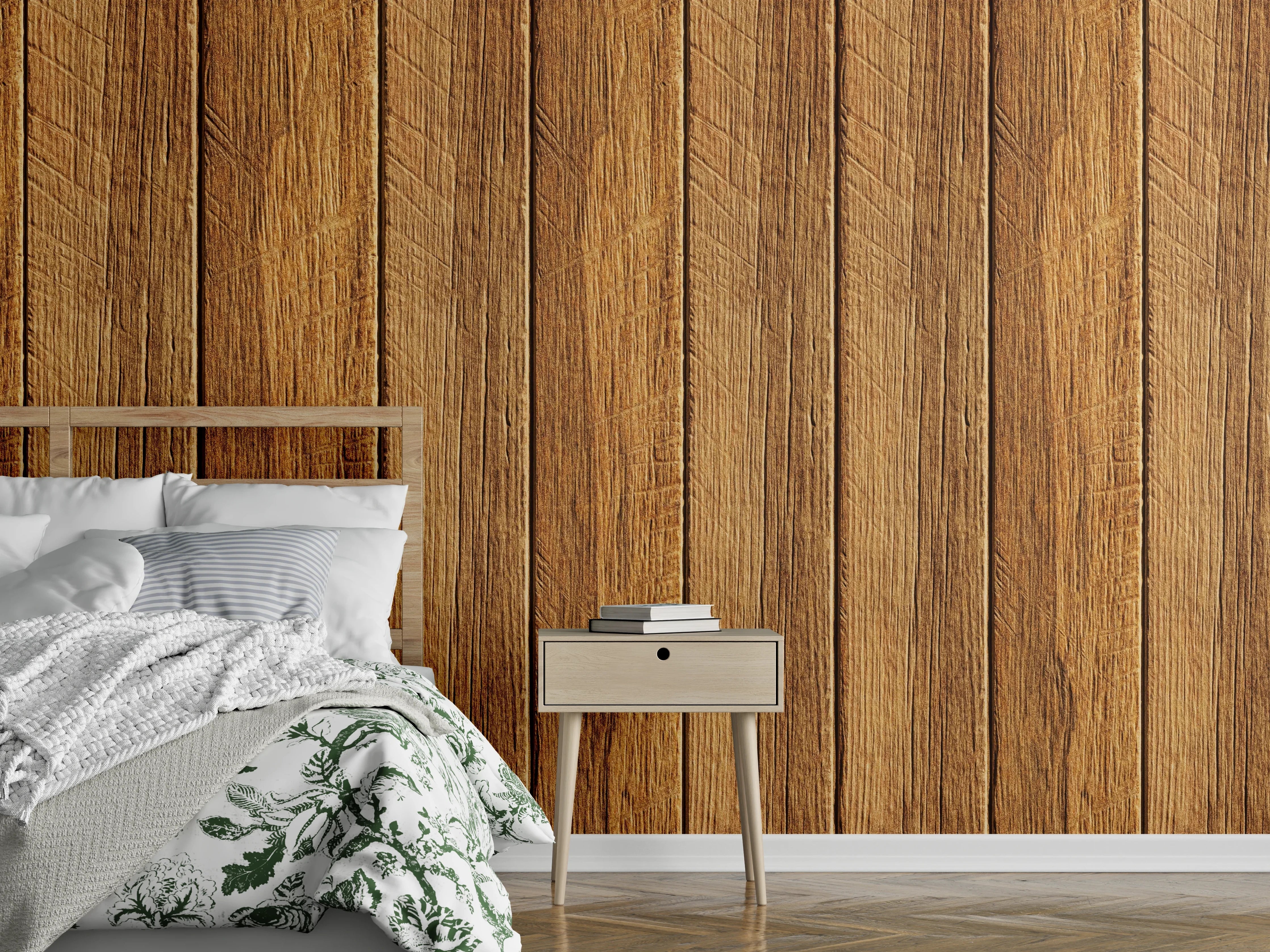 Wandverkleidung Schlafzimmer - Aneinandergereihte braune Holzplanken