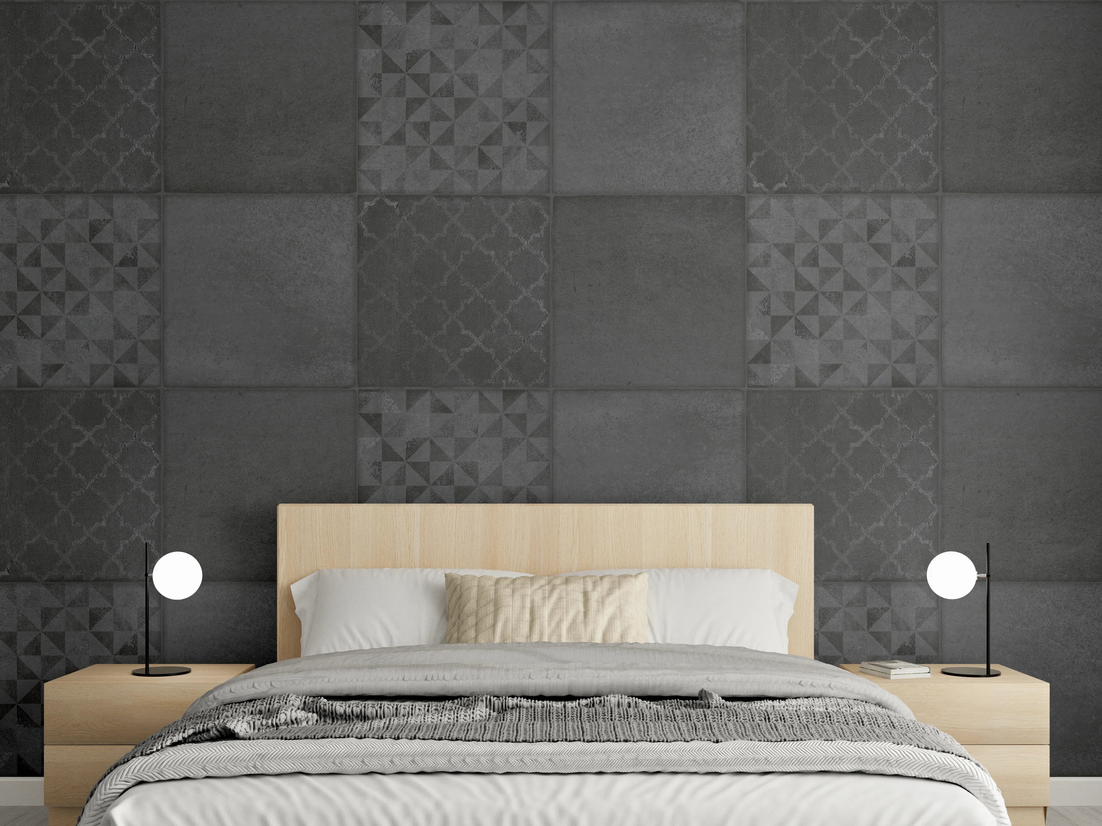 Wandverkleidung Schlafzimmer - Anthrazitfarbene vintage Fliesen