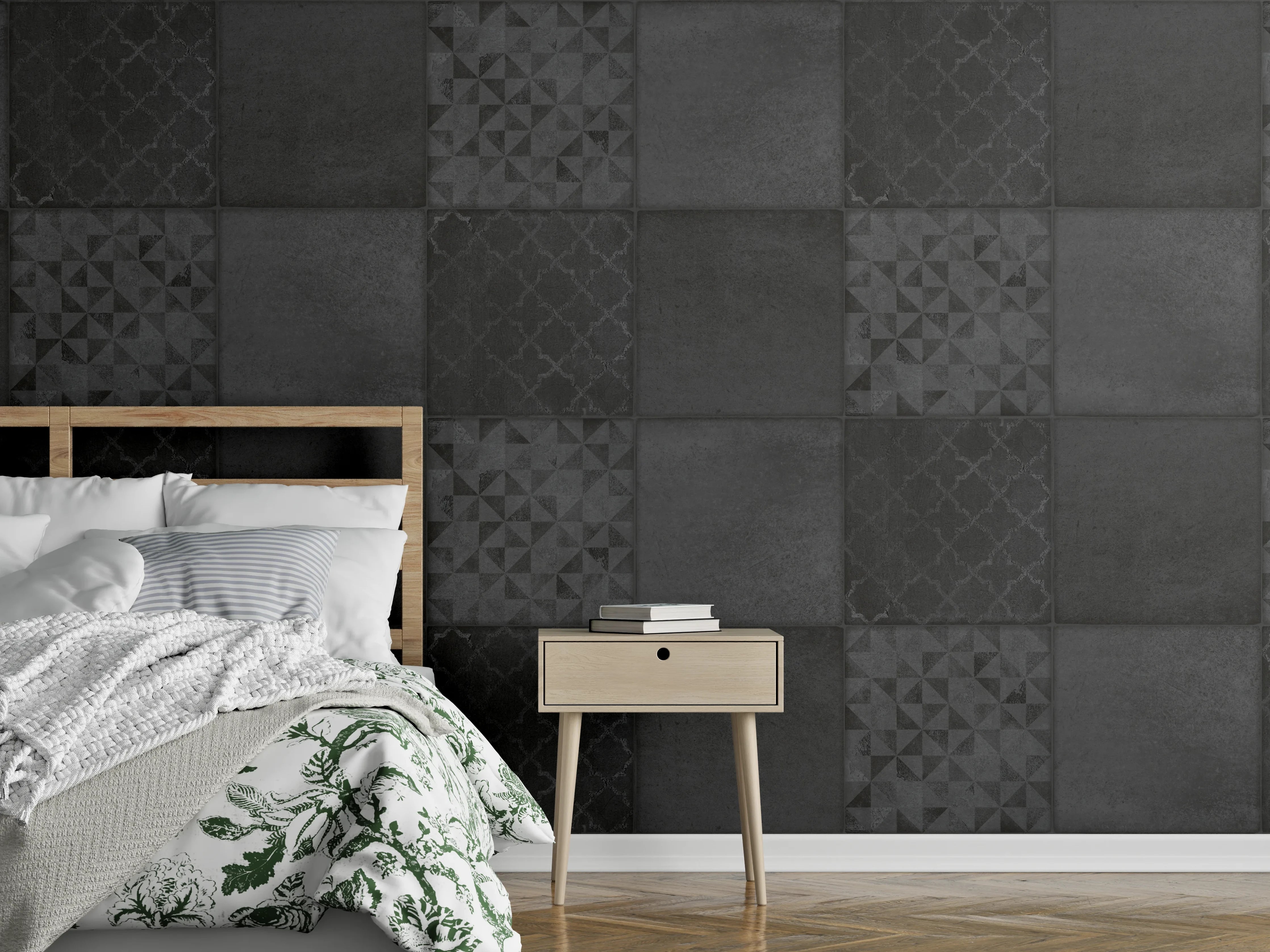 Wandverkleidung Schlafzimmer - Anthrazitfarbene vintage Fliesen