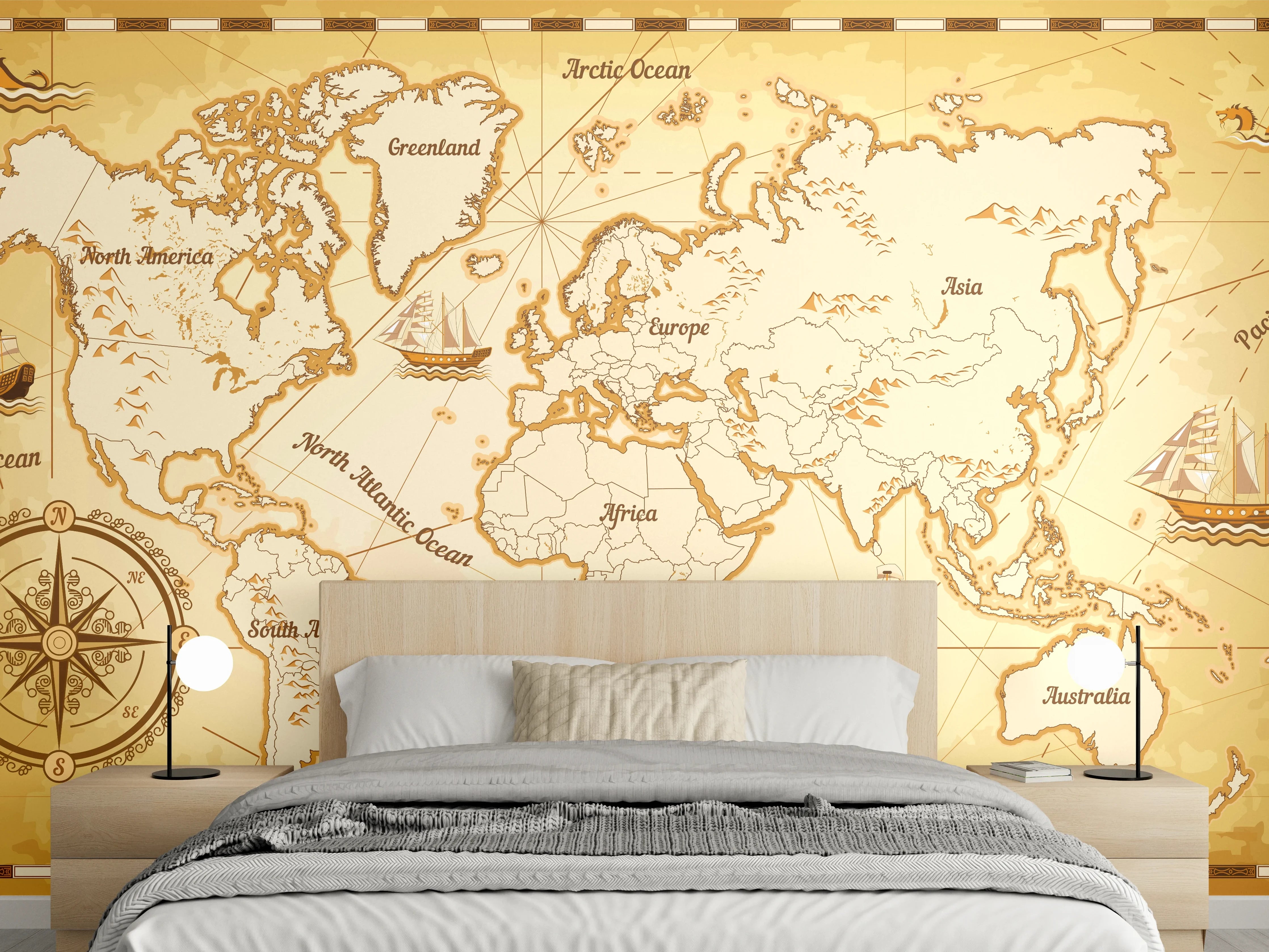 Wandverkleidung Schlafzimmer - Antike Schatzkarte mit Weltkartenmotiven