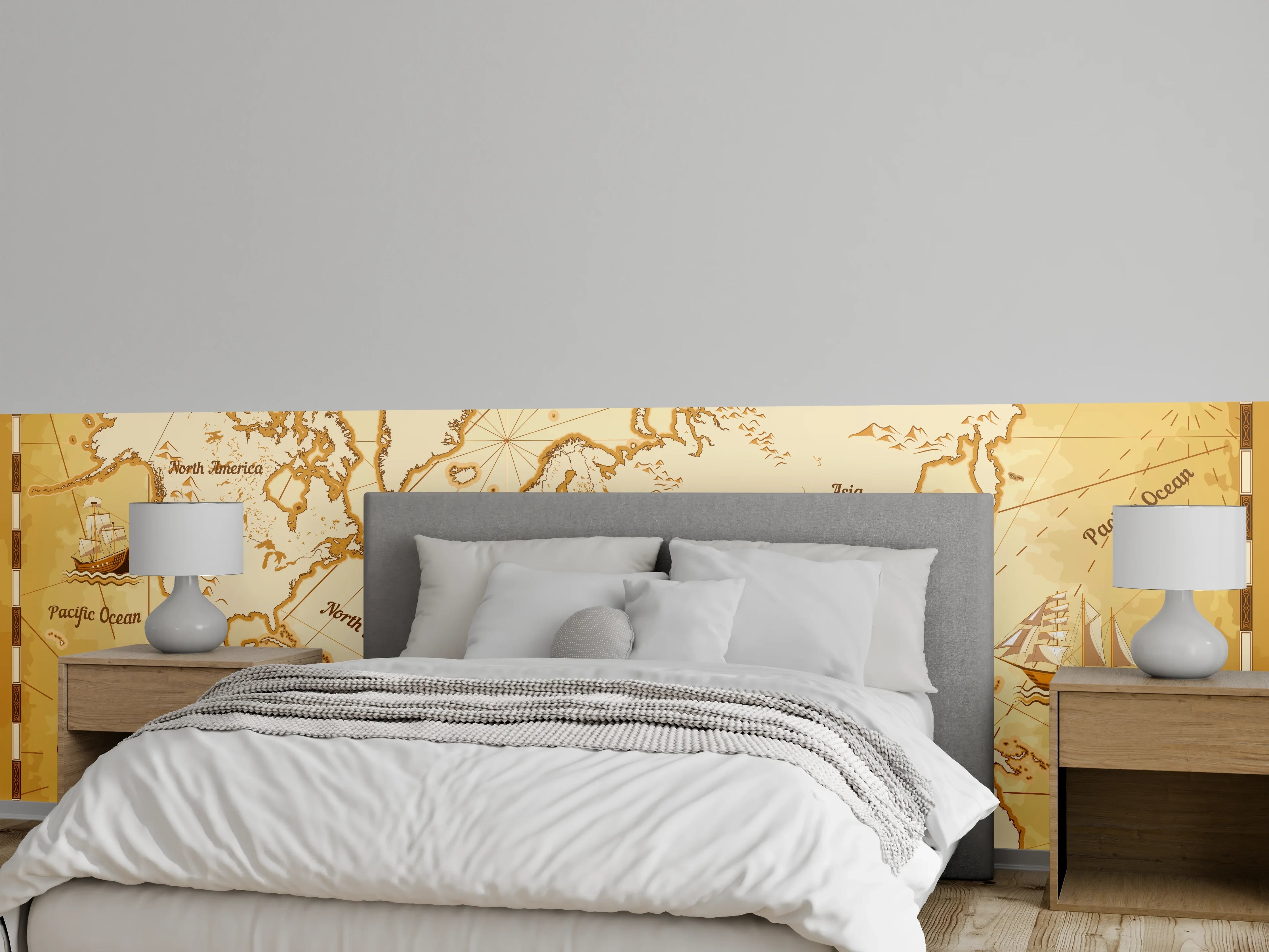 Wandverkleidung Schlafzimmer - Antike Schatzkarte mit Weltkartenmotiven