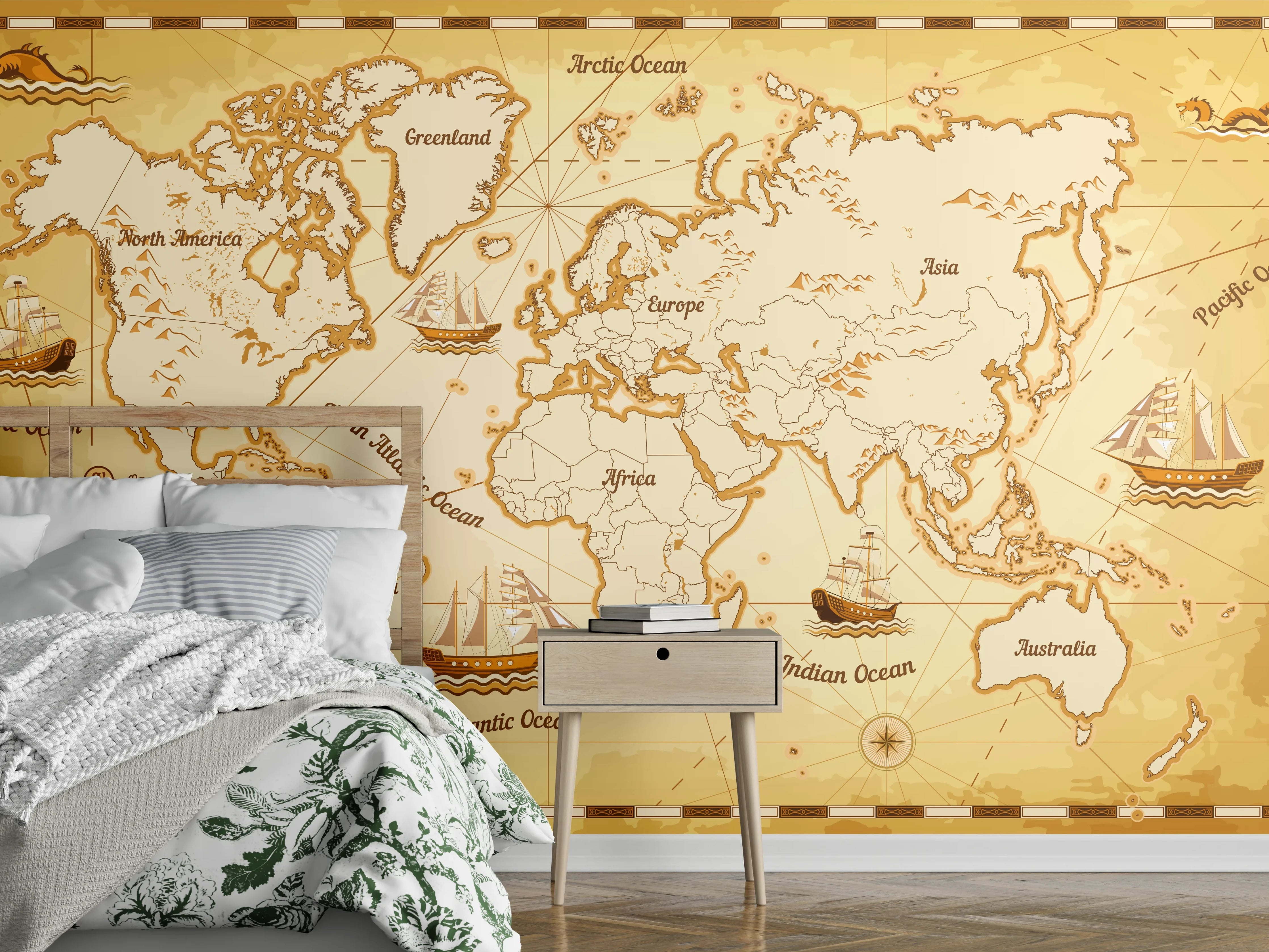 Wandverkleidung Schlafzimmer - Antike Schatzkarte mit Weltkartenmotiven
