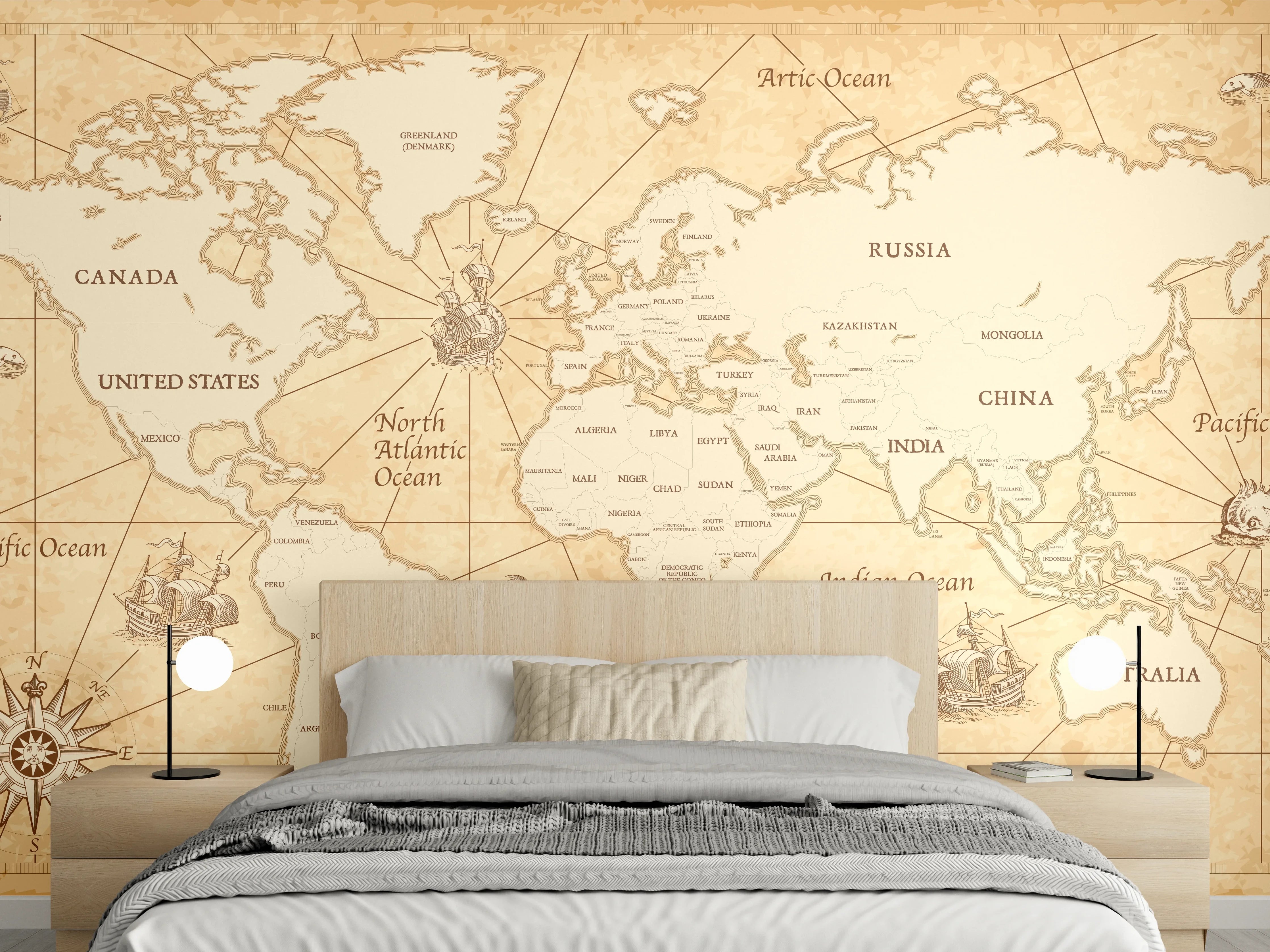 Wandverkleidung Schlafzimmer - Antike Stil Weltkarte