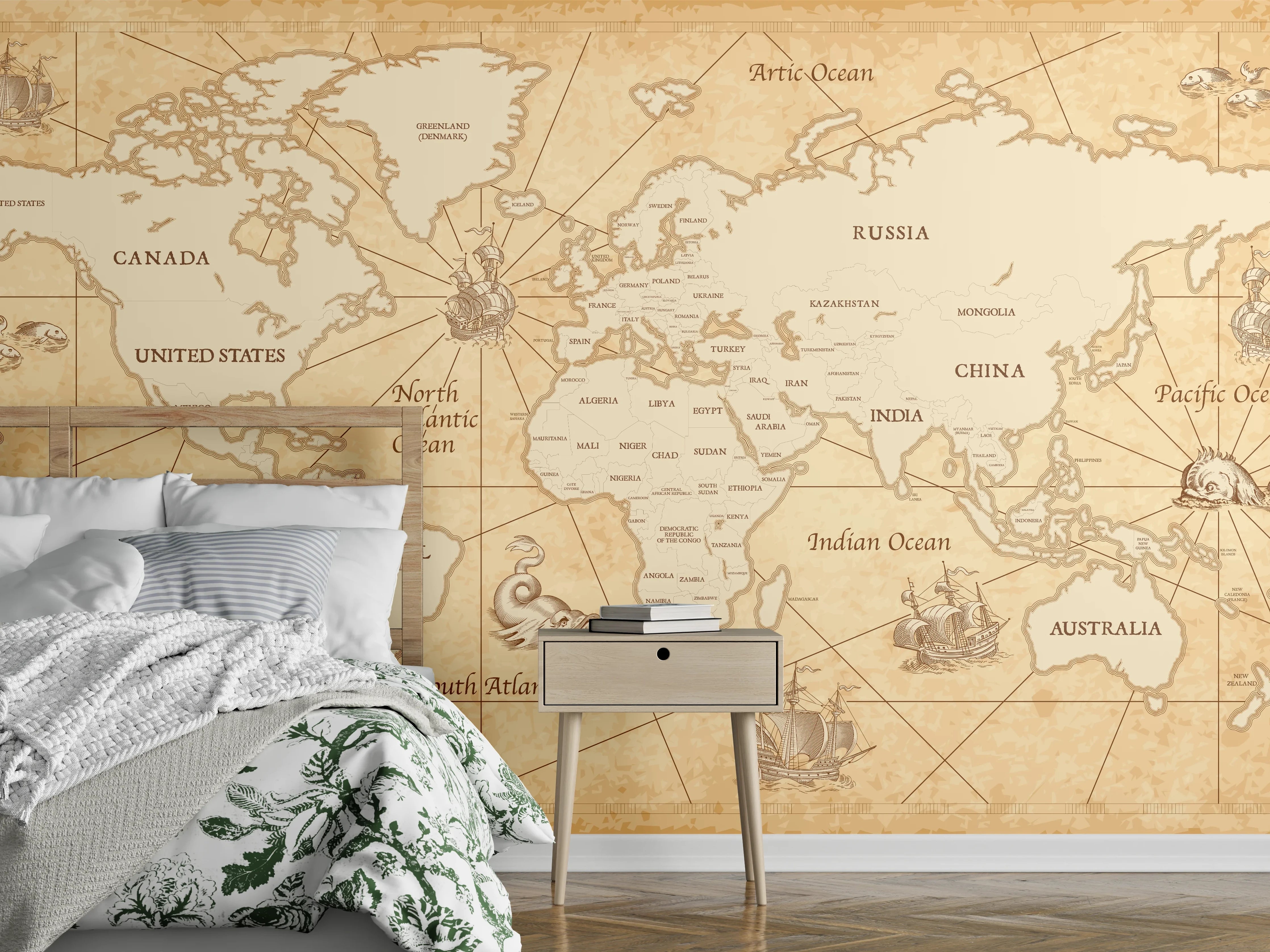 Wandverkleidung Schlafzimmer - Antike Stil Weltkarte