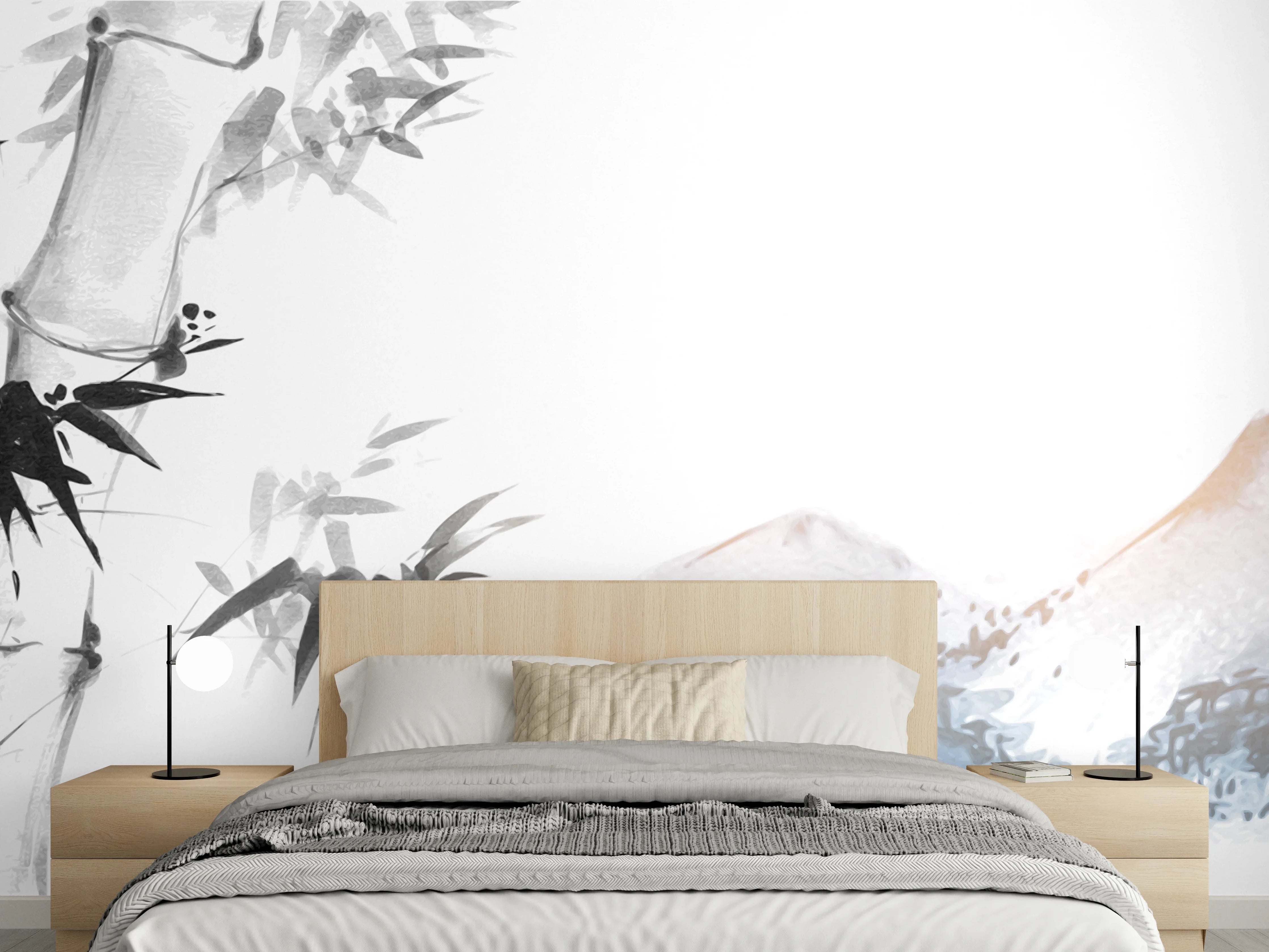 Wandverkleidung Schlafzimmer - Aquarell-Bambus und Berge Schwarz-Weiß