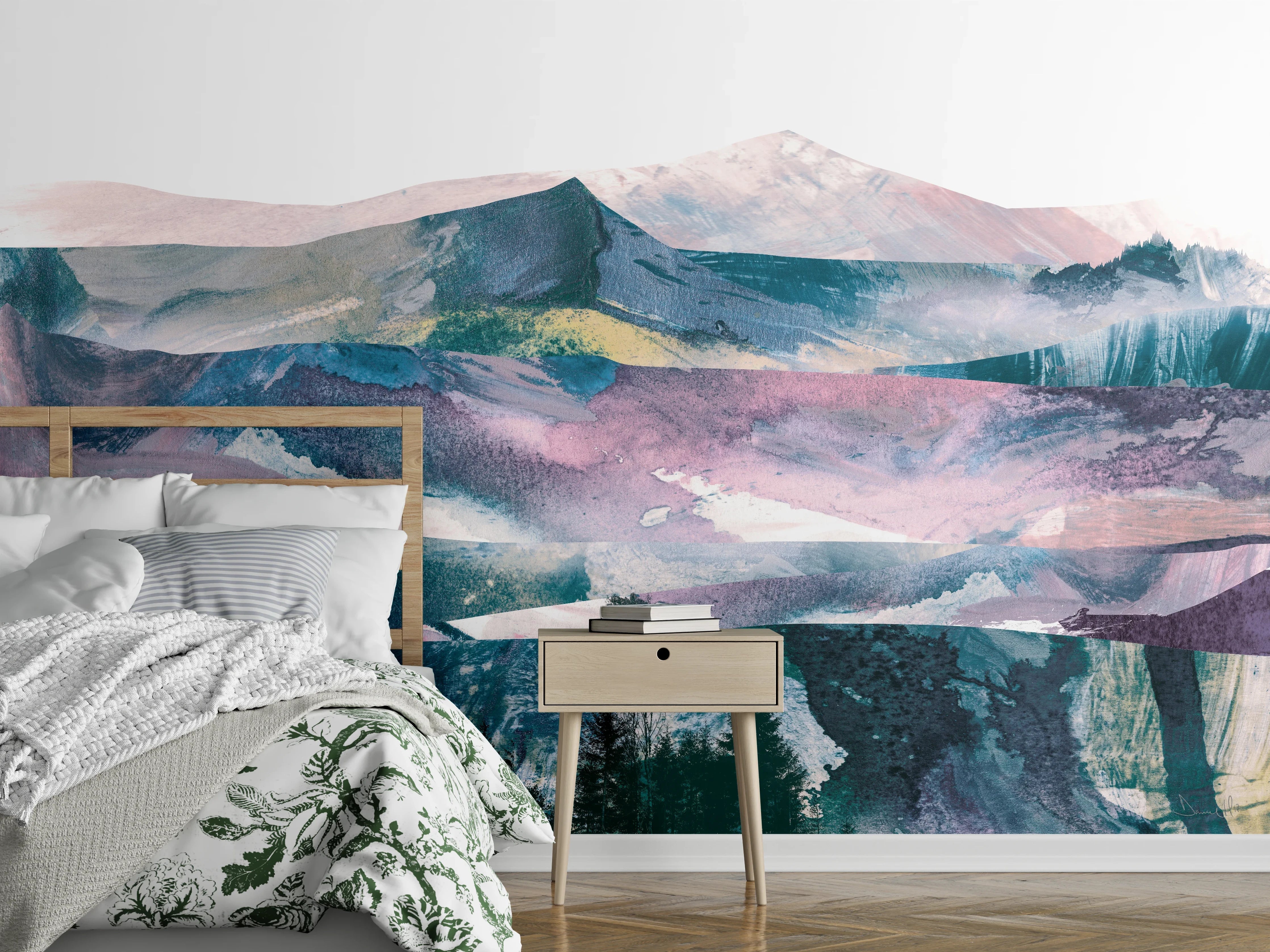 Wandverkleidung Schlafzimmer - Aquarell-Berglandschaft in sanften Farben