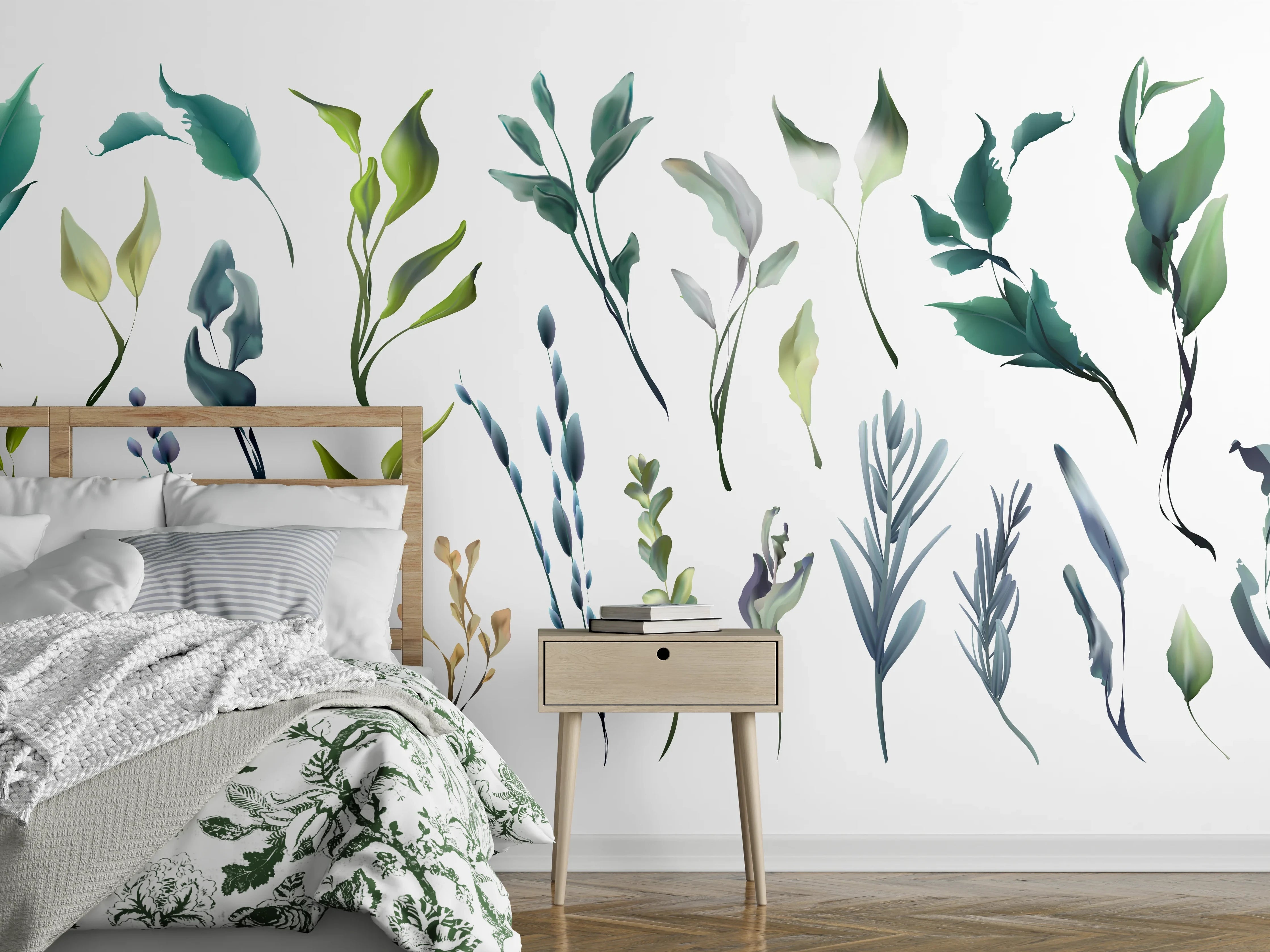 Wandverkleidung Schlafzimmer - Aquarell Blätter Silhouetten Set