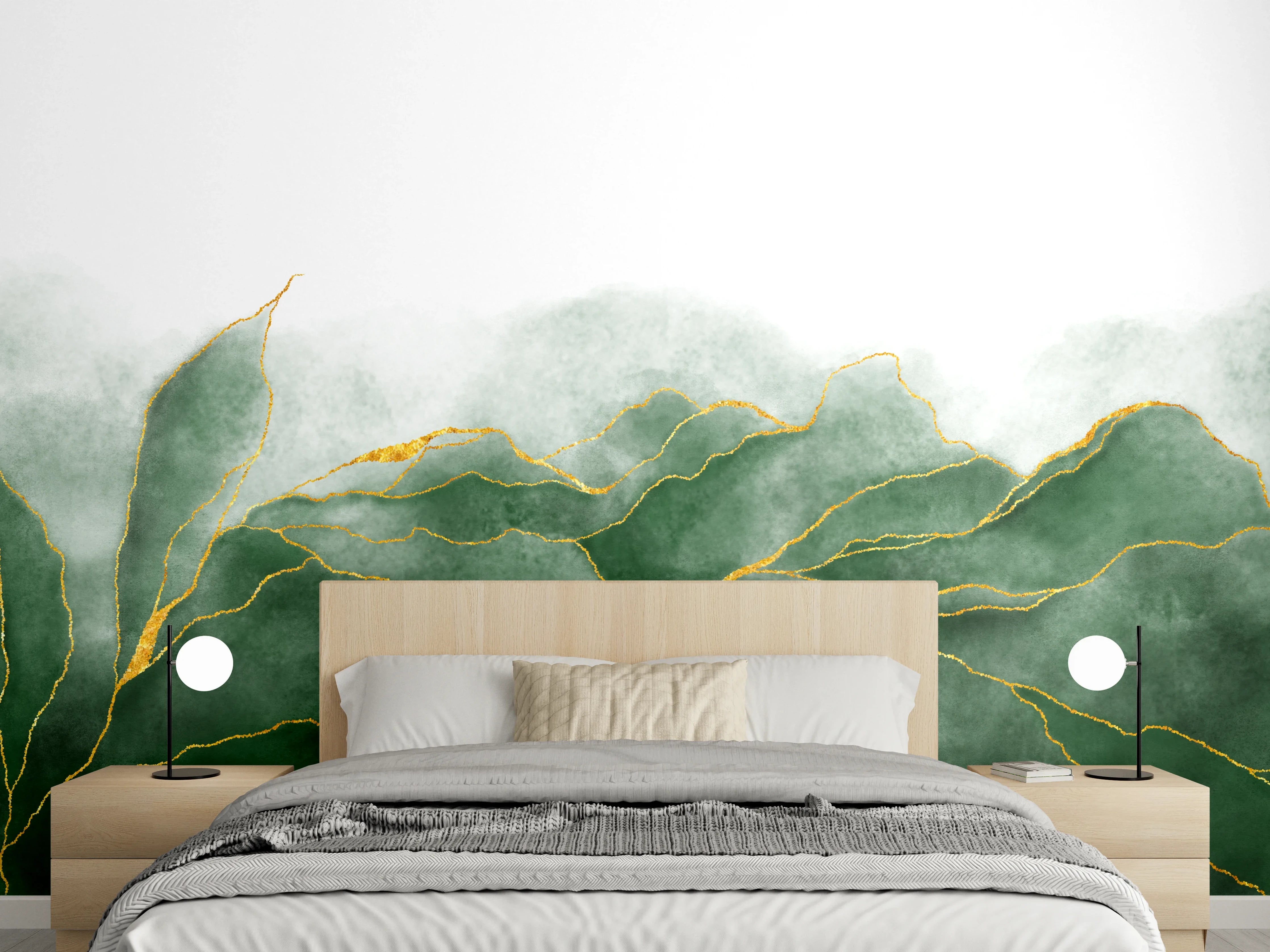 Wandverkleidung Schlafzimmer - Aquarell Blätter mit Gold-Akzent