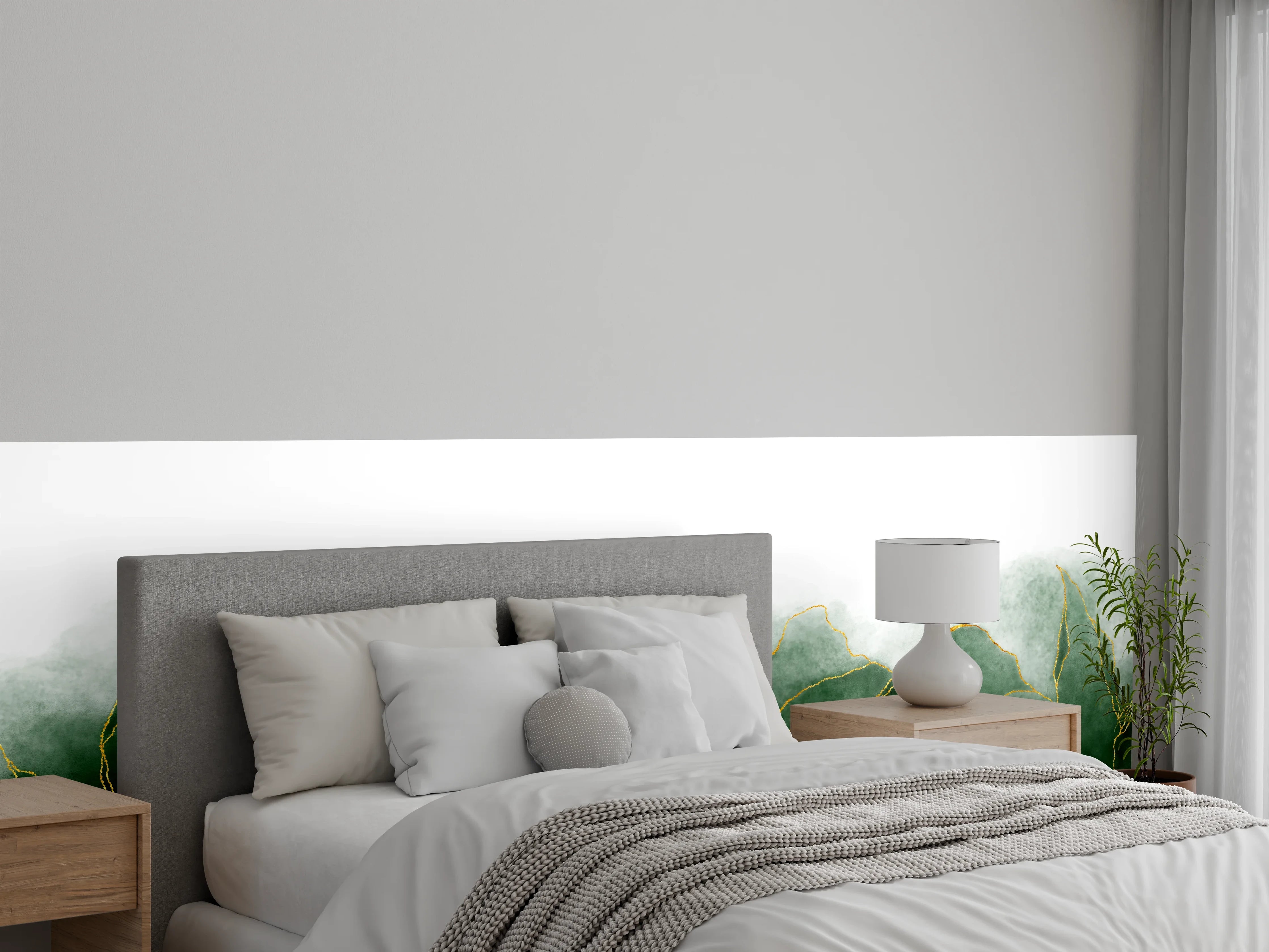 Wandverkleidung Schlafzimmer - Aquarell Blätter mit Gold-Akzent