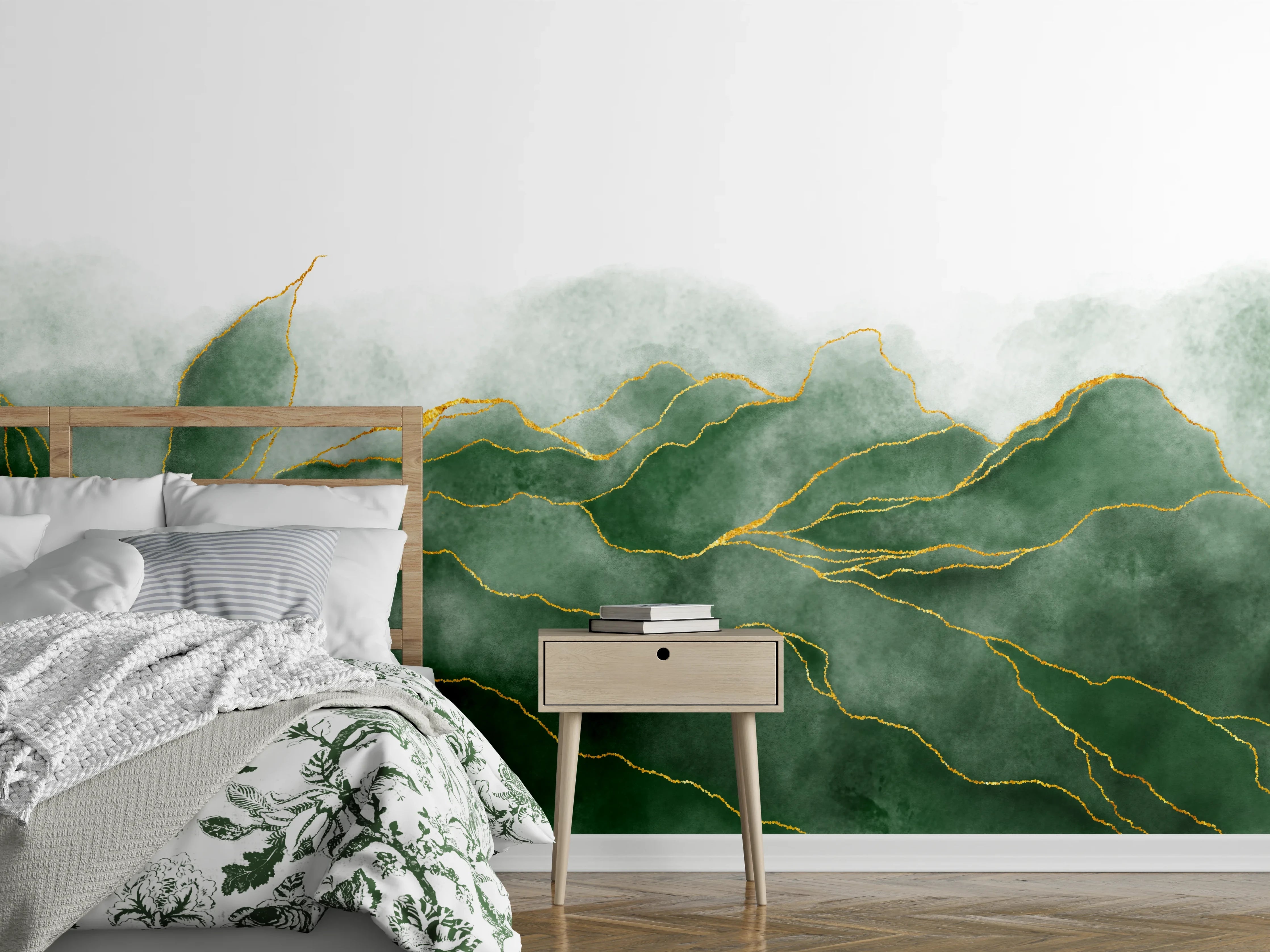 Wandverkleidung Schlafzimmer - Aquarell Blätter mit Gold-Akzent