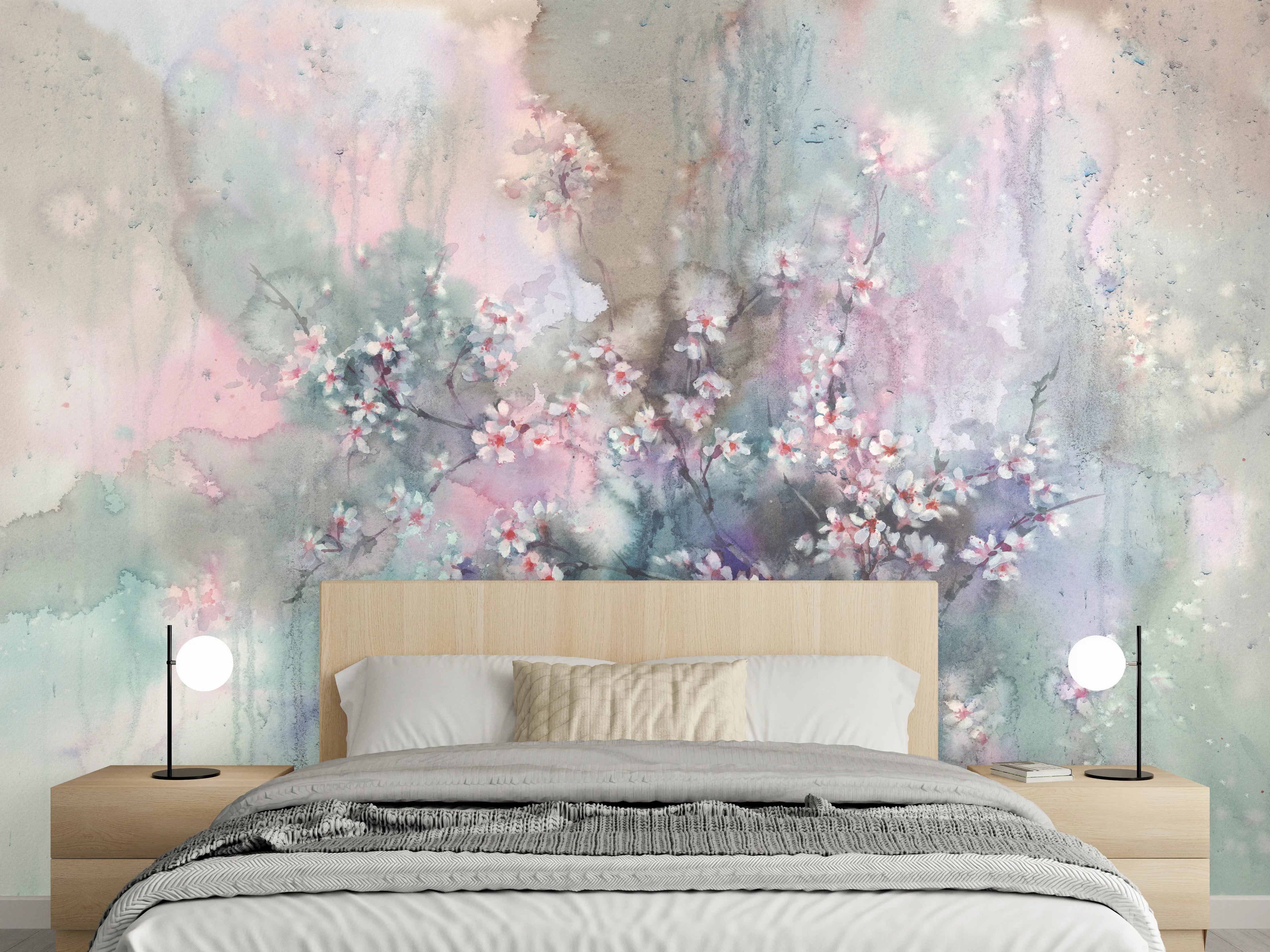 Wandverkleidung Schlafzimmer - Aquarell Blütenzweig Pastell Wandbild