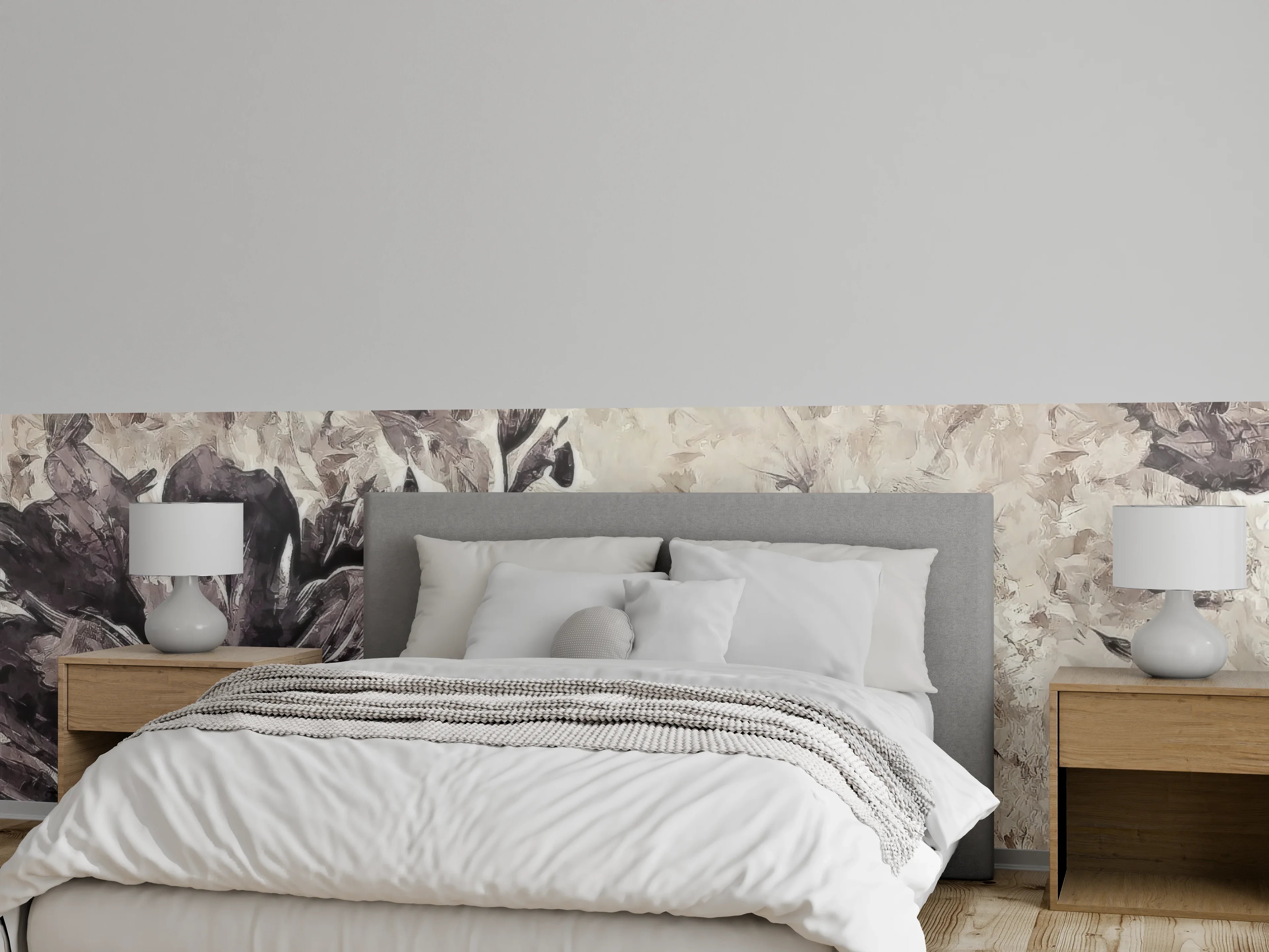 Wandverkleidung Schlafzimmer - Aquarell Blumen Beige Grau Wandbild
