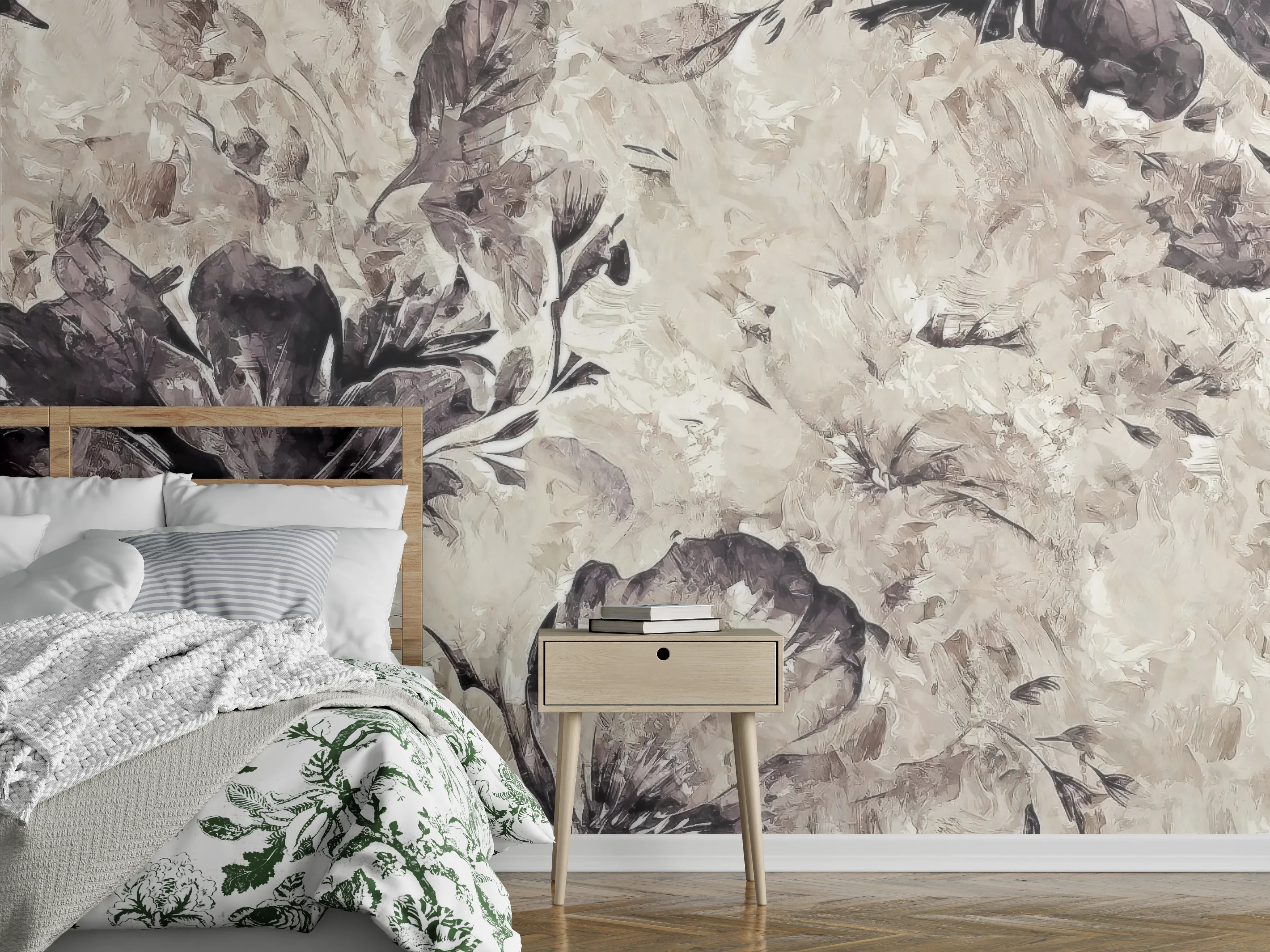 Wandverkleidung Schlafzimmer - Aquarell Blumen Beige Grau Wandbild