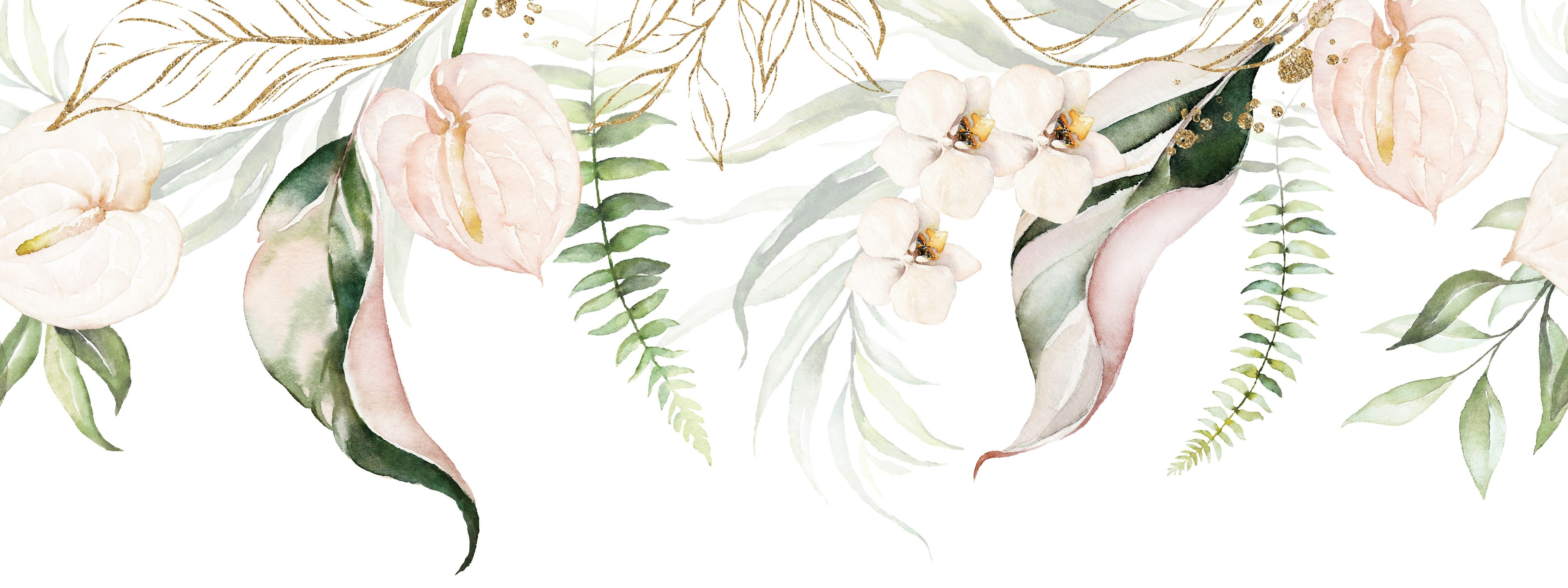 Wandverkleidung Schlafzimmer-Aquarell Blumen Beige Grün Weiß