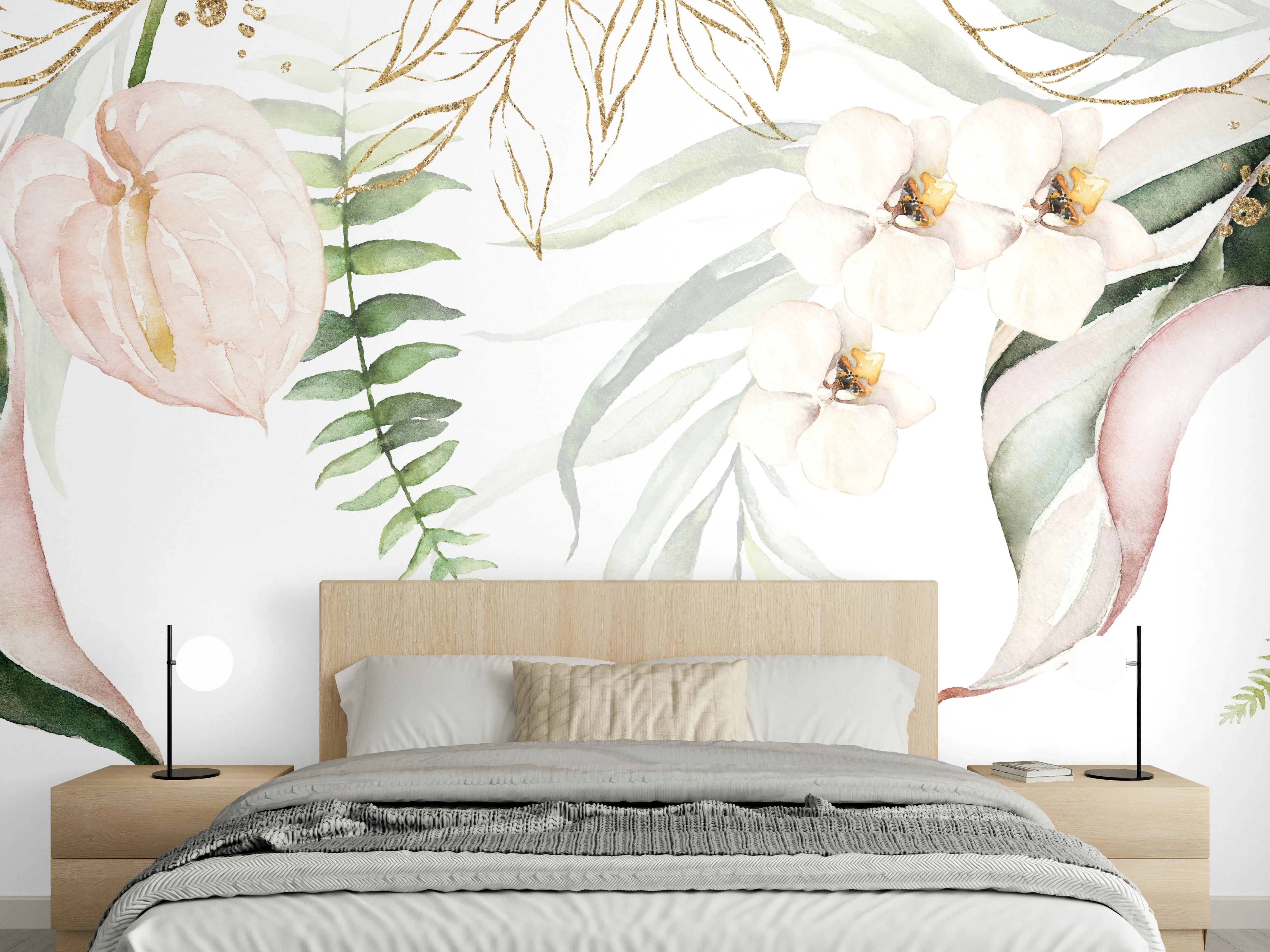 Wandverkleidung Schlafzimmer - Aquarell Blumen Beige Grün Weiß