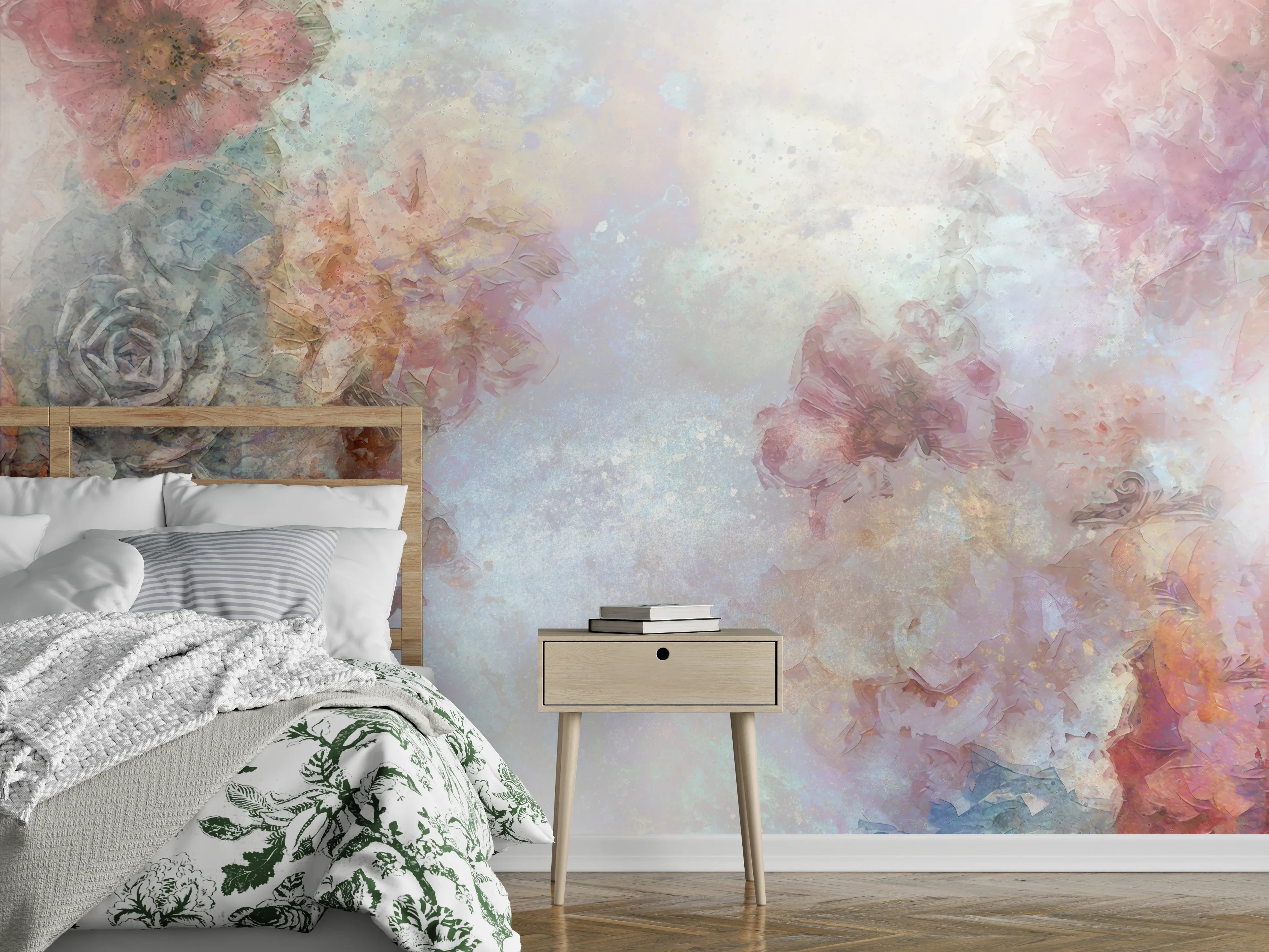 Wandverkleidung Schlafzimmer - Aquarell Blumen Pastell Wandbild