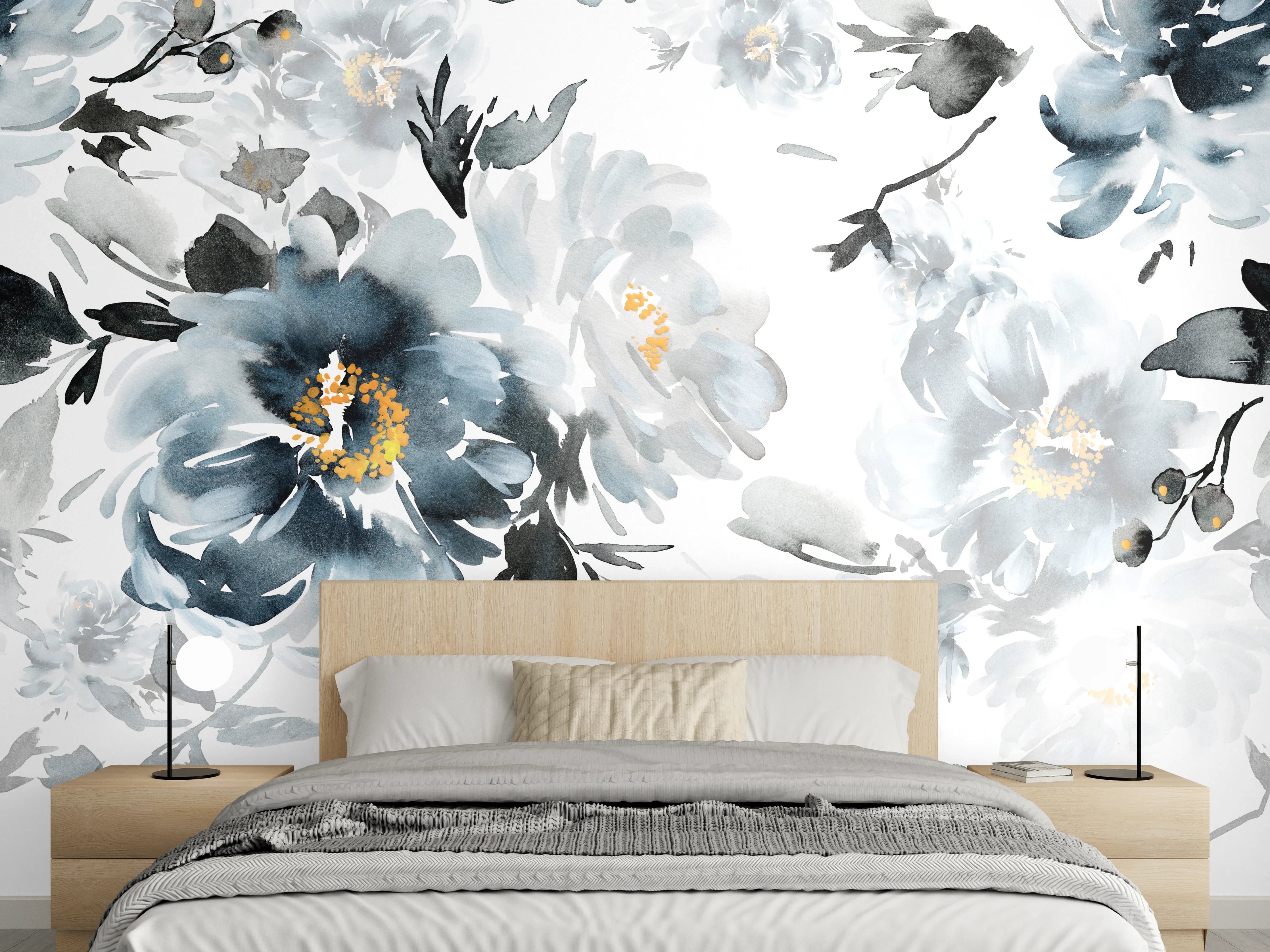 Wandverkleidung Schlafzimmer - Aquarell Blumen Schwarz-Weiß Wandbild
