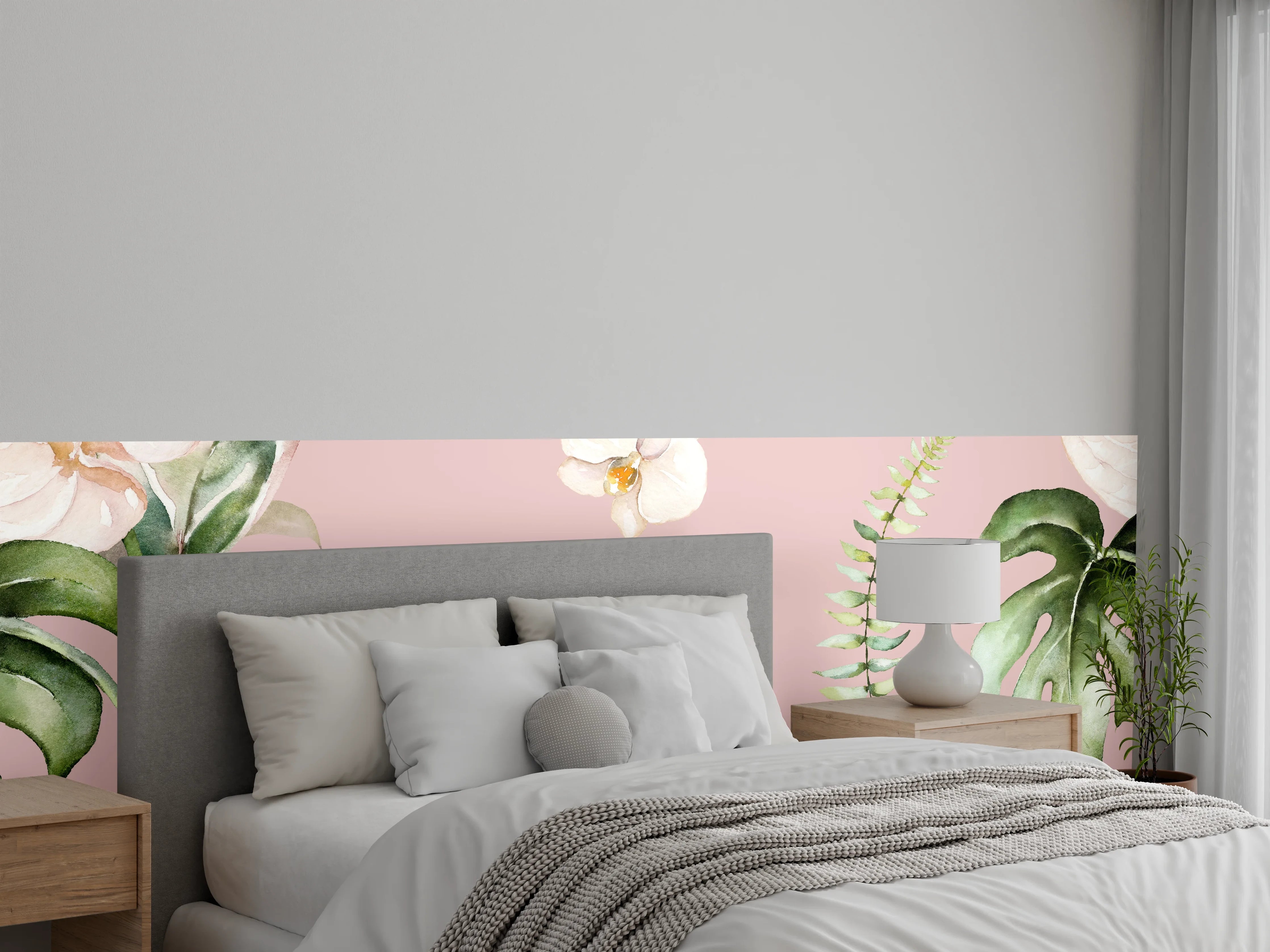 Wandverkleidung Schlafzimmer - Aquarell Blumen & Monstera Rosa