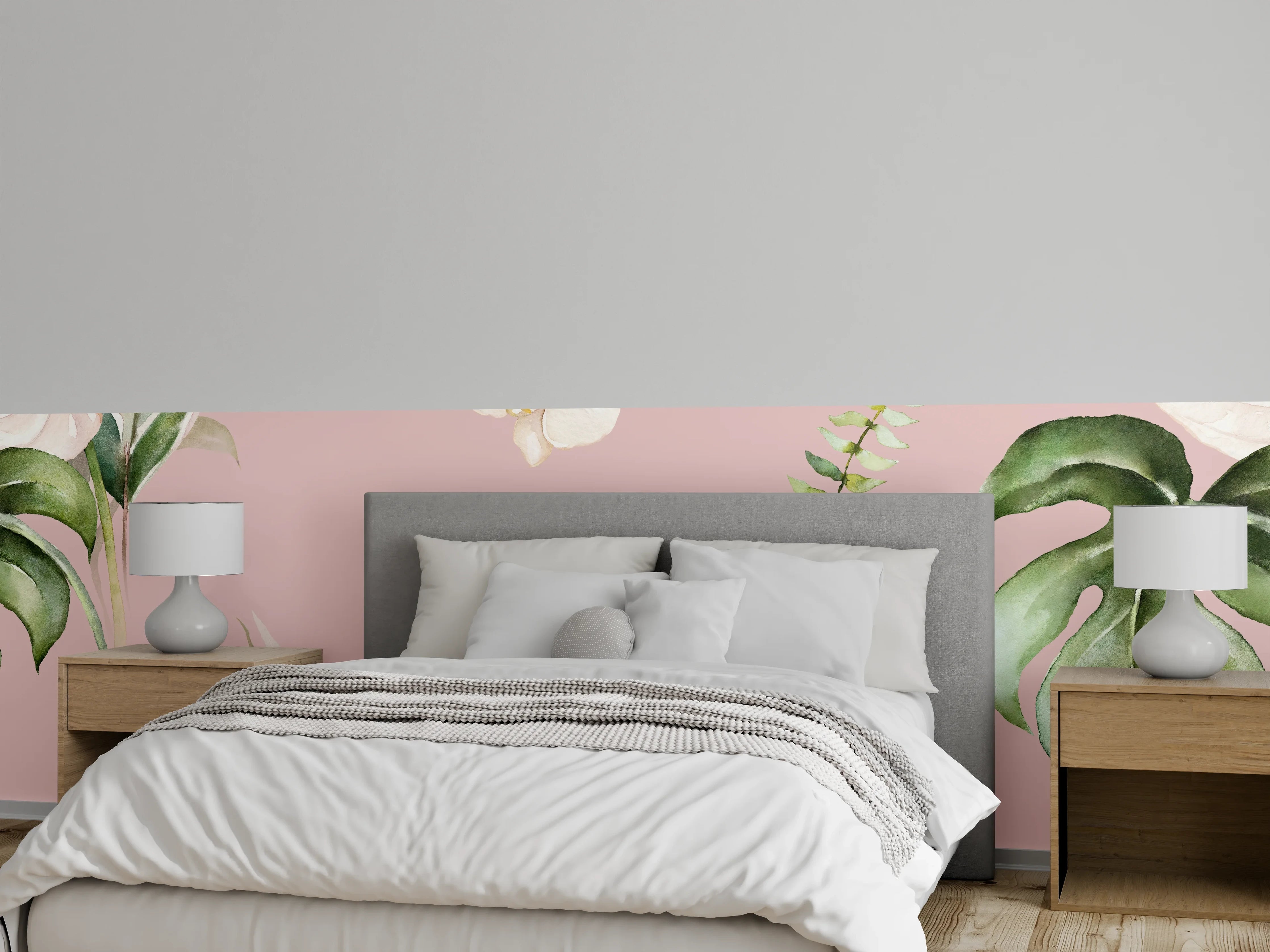Wandverkleidung Schlafzimmer - Aquarell Blumen & Monstera Rosa