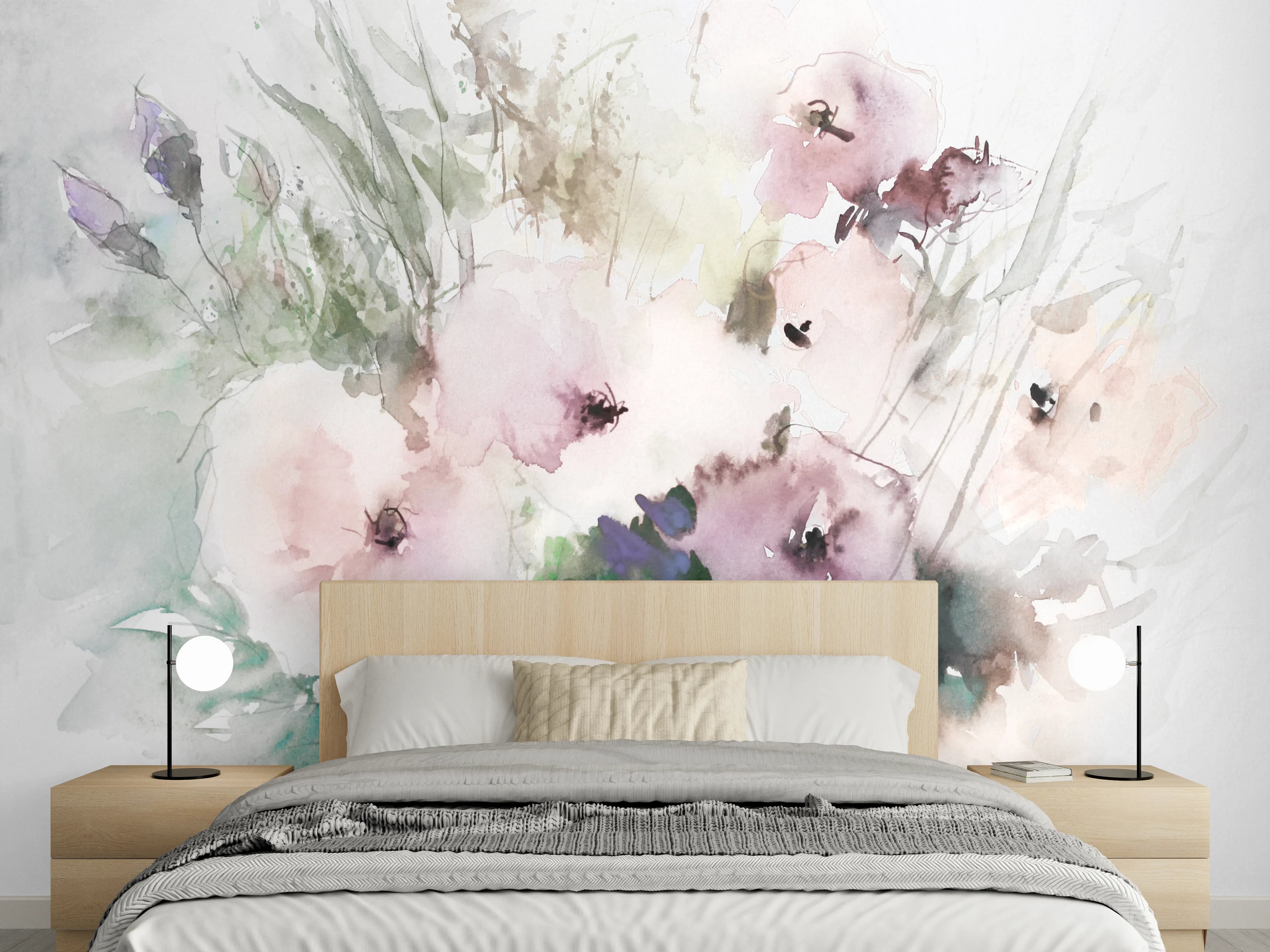 Wandverkleidung Schlafzimmer - Aquarell Blumen zart Pastell